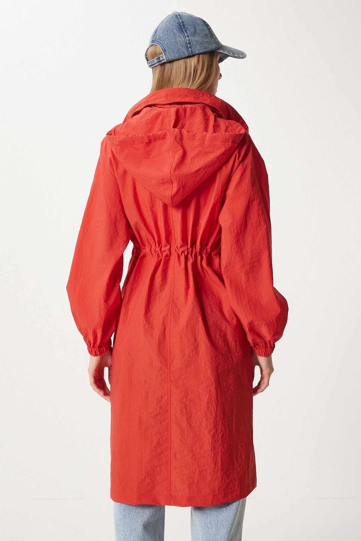 Woman Red Hopeding Seasonal Parachute Trench Coat WF00086