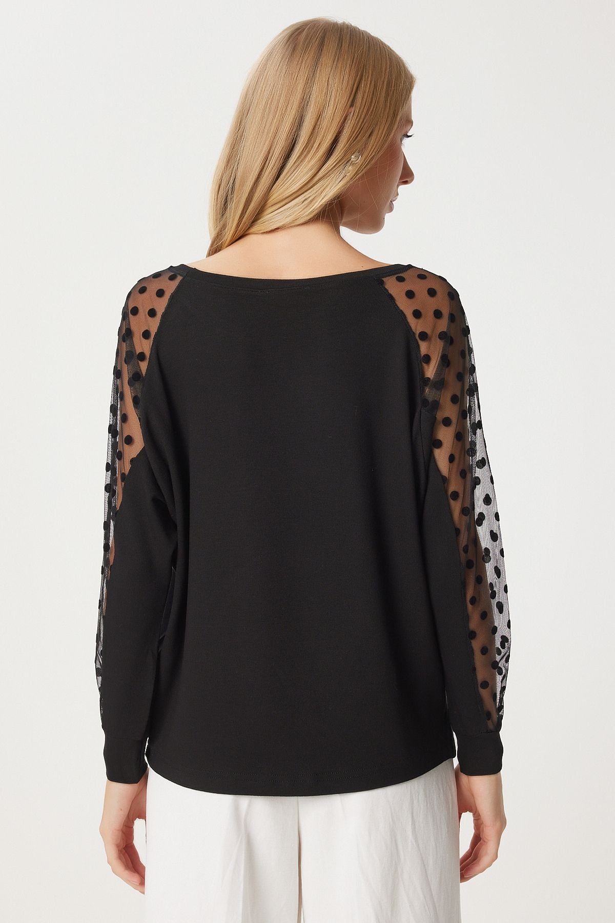 Female black polka dot tulle detailed viscose blouse EN00625