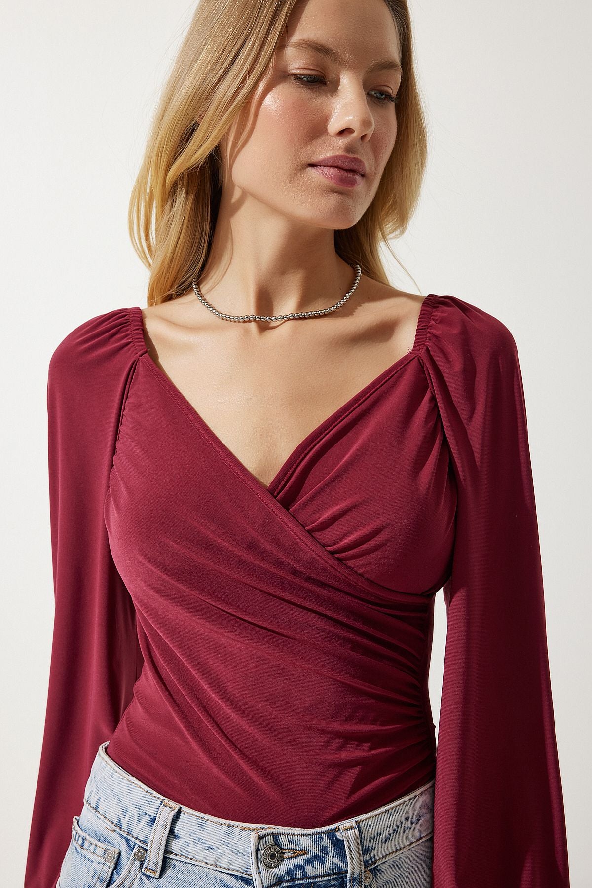 Female cherry elastic balloon sleeve sandy knit blouse FF00154