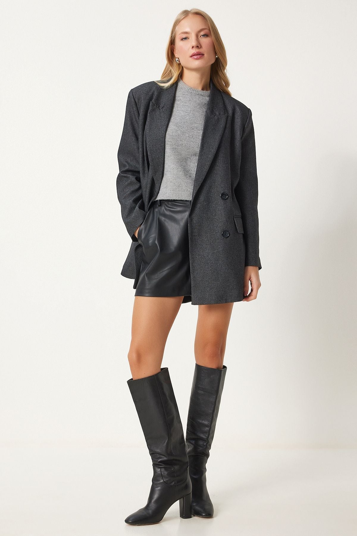 Female anthracite Cruve collar weaving jacket FN03384