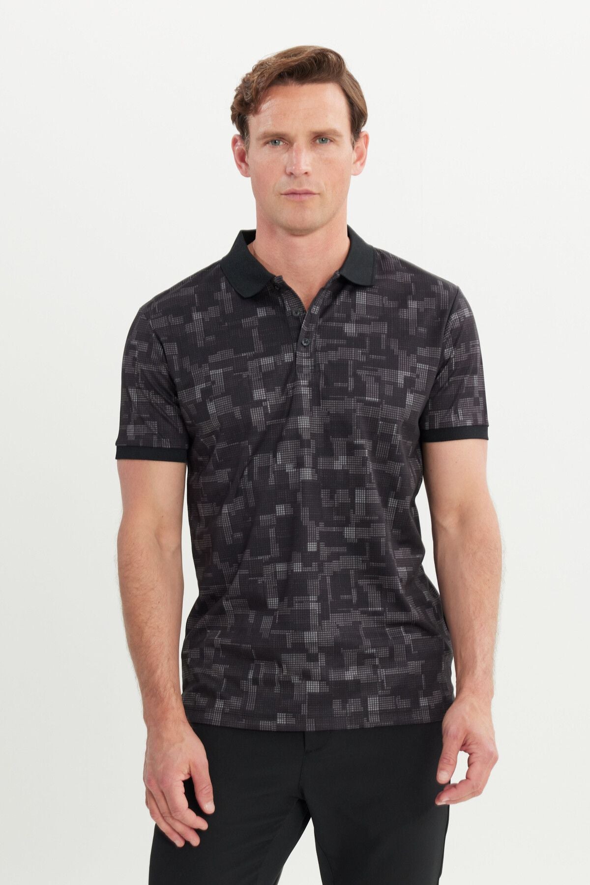 Men's black slim fit narrow cut polo collar cotton printed t -shirt