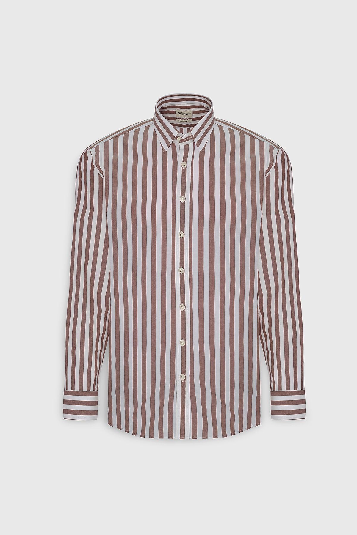 Men's Brown White Slim Fit Narrow Cut Hidden buttoned collar cotton shirt