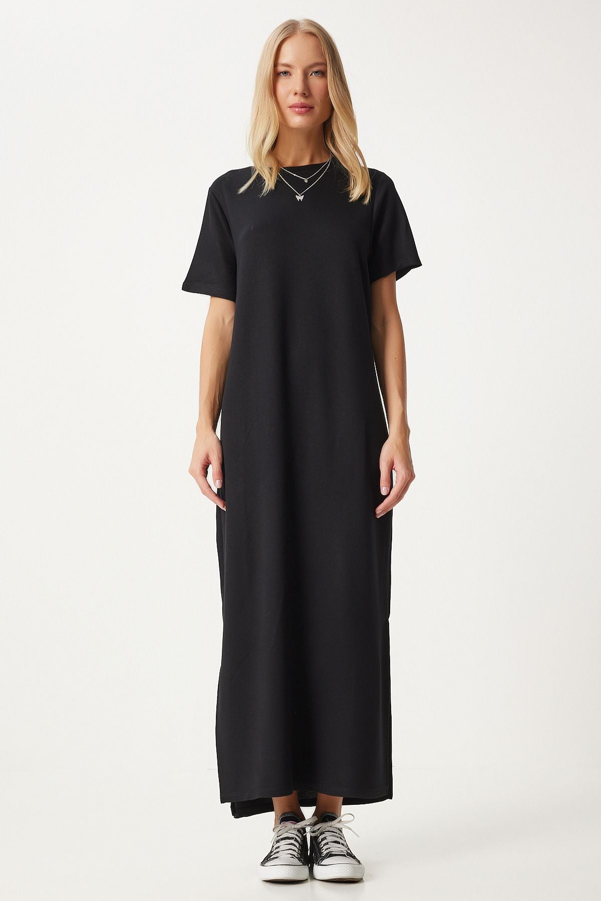 Women's black side slit summer long knitted dress hw00011