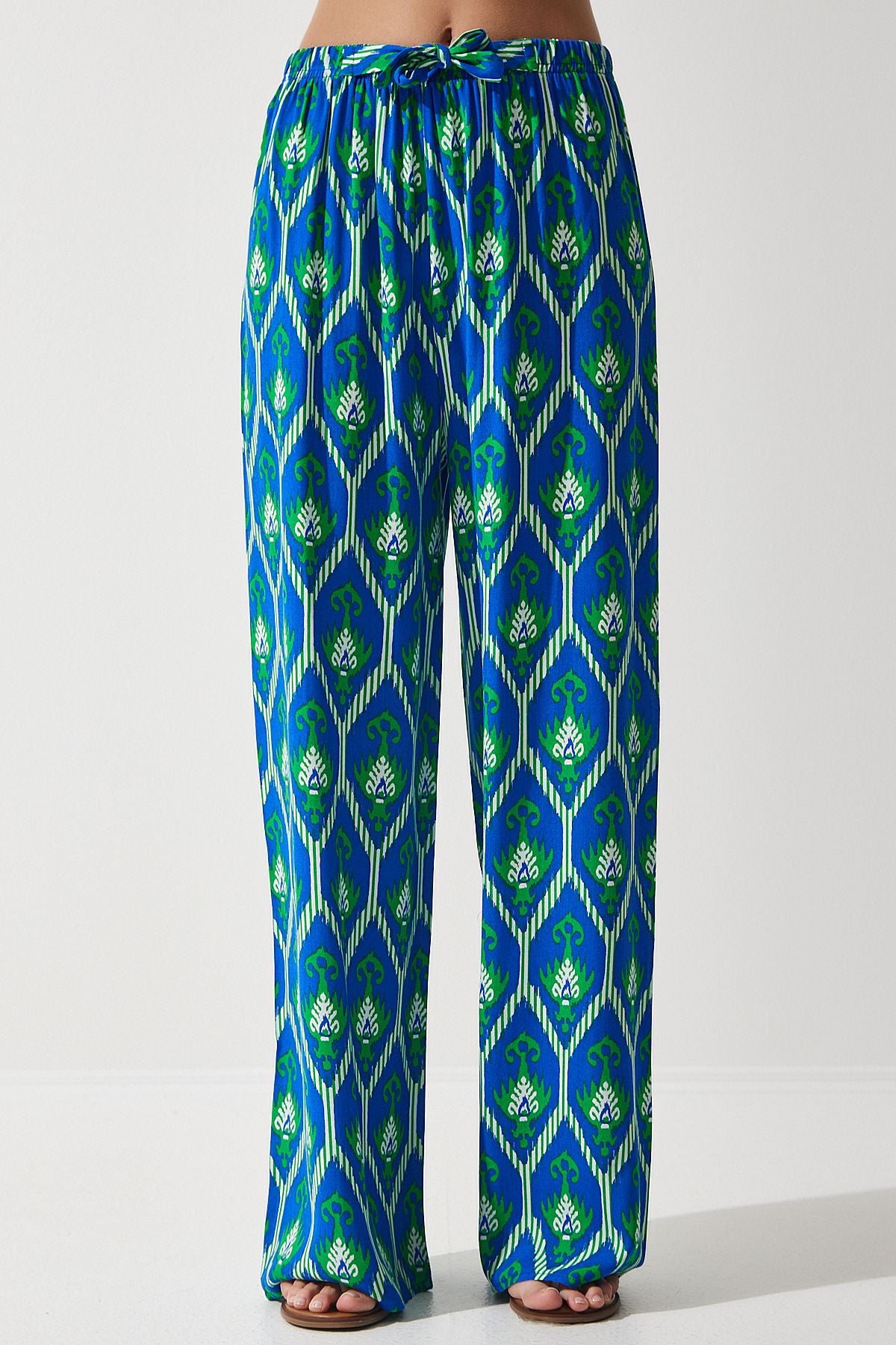 Woman Blue Green Patterned Viscose Palazzo Pants EN00606