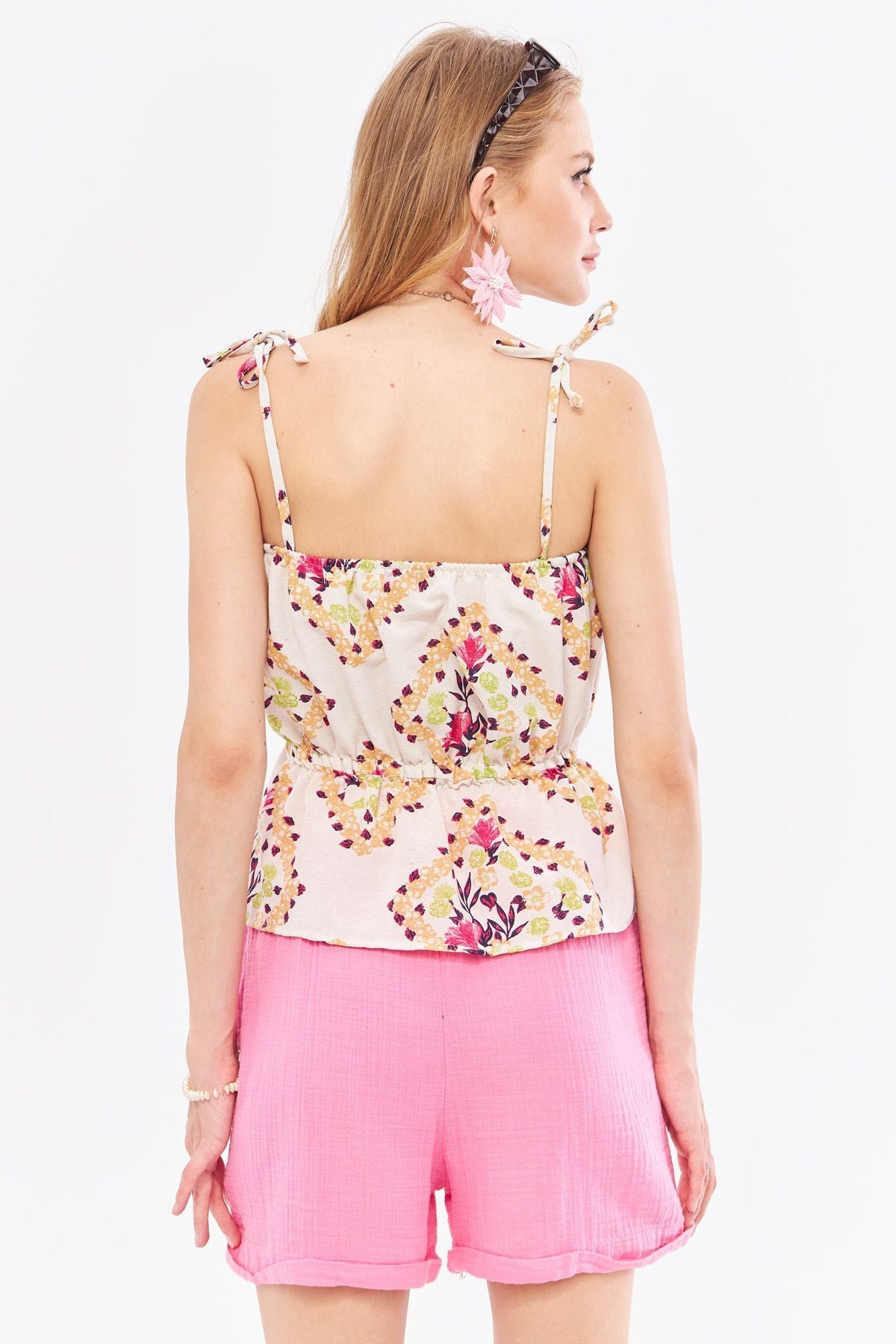 Woman Open Fuchsia Patterned Linen -Looking Waist Tire Hangers Connect Detailed Strapless Crop Blouse