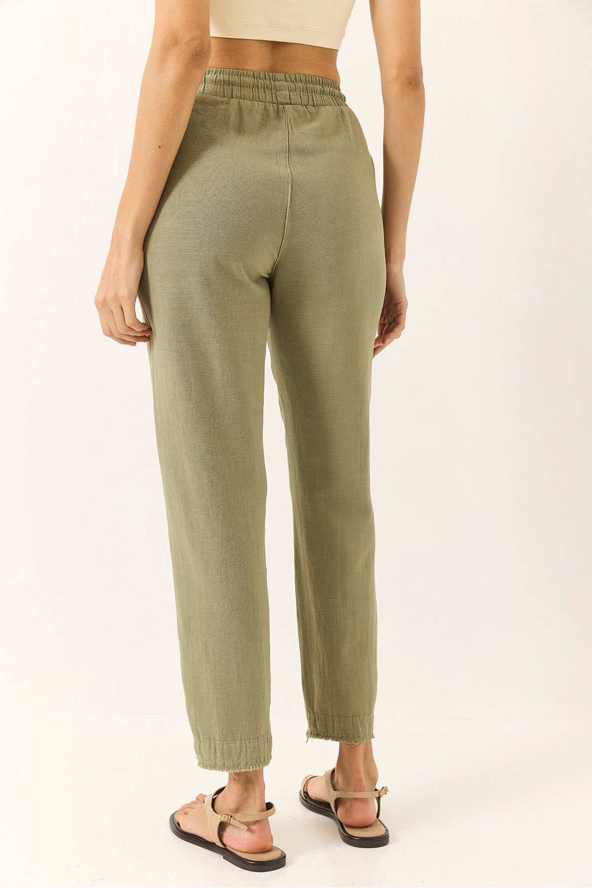 Women's Tie Waist Detailed Pocket Linen Carrot Trousers YP5134 60283180