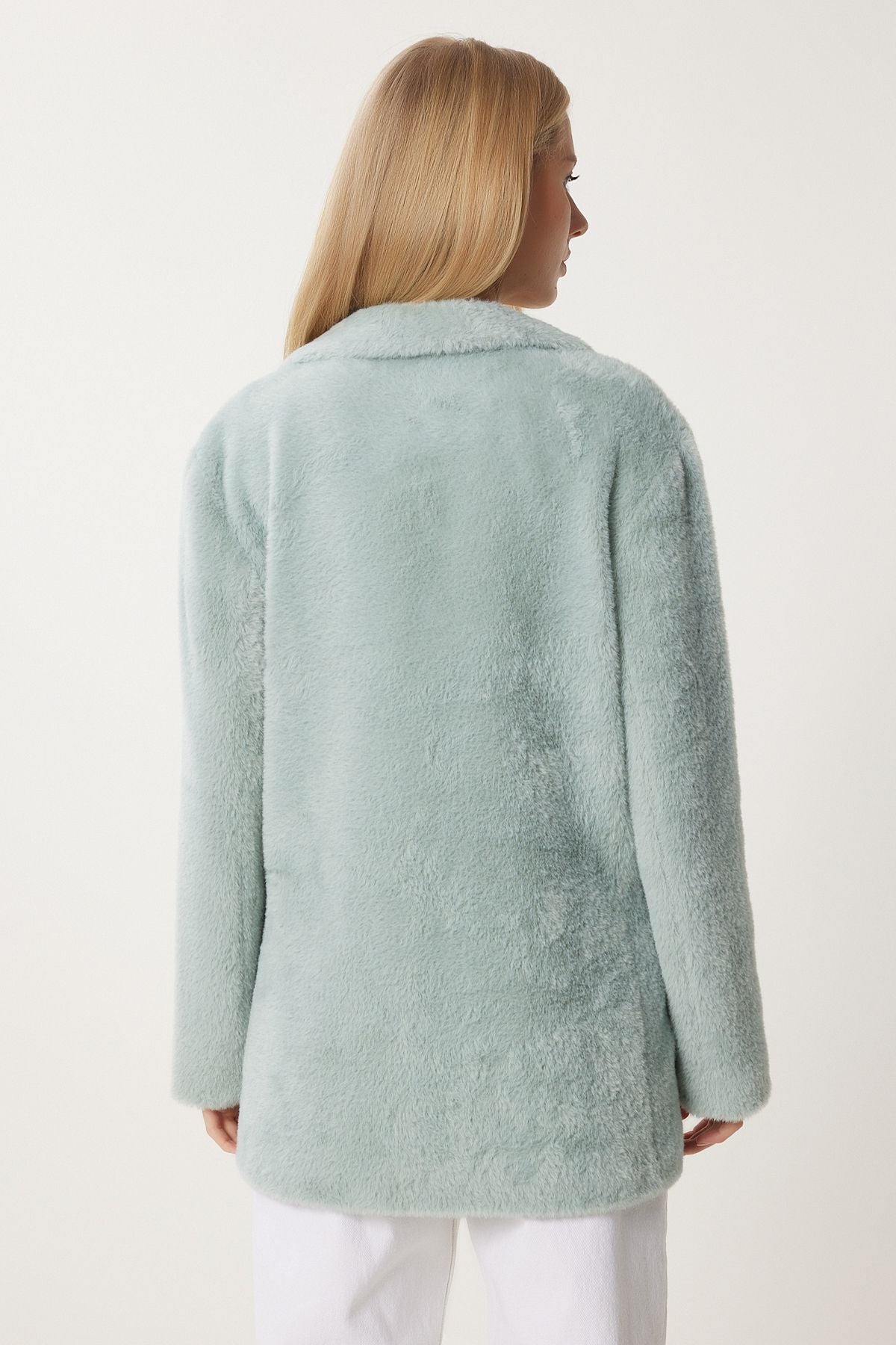 Women's Cagla Green Cruve Collar Long Artificial Fur Jacket FN03434