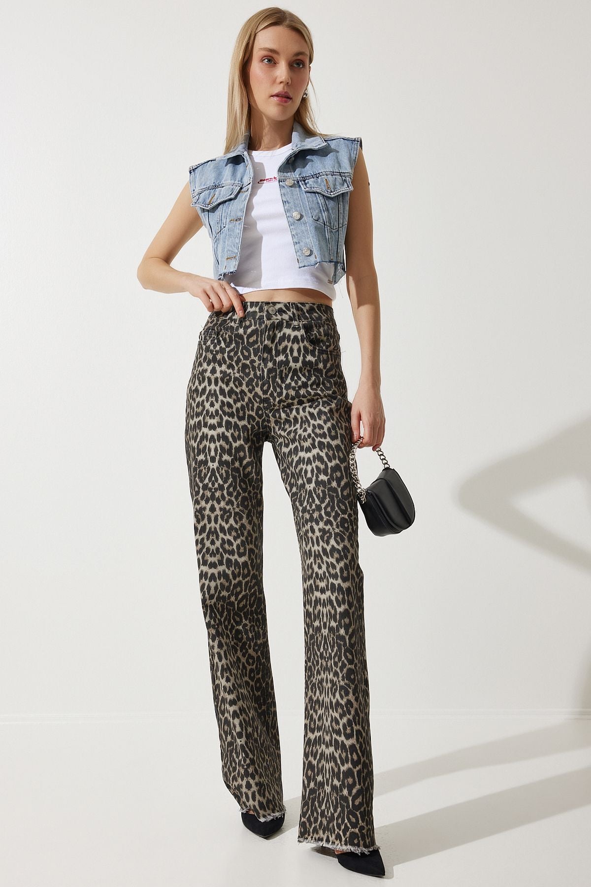 Women's black beige leopard patterned Palazzo Jean VC00002