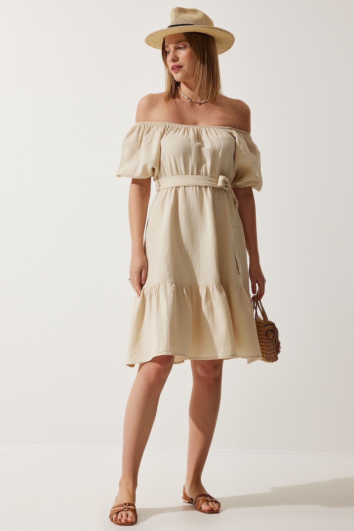 Women's Cream Carmen collar belt cottage Muslin dress MX00157