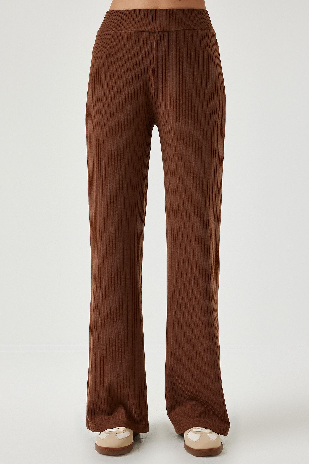 Female brown wick knitted blouse trousers set KH00088