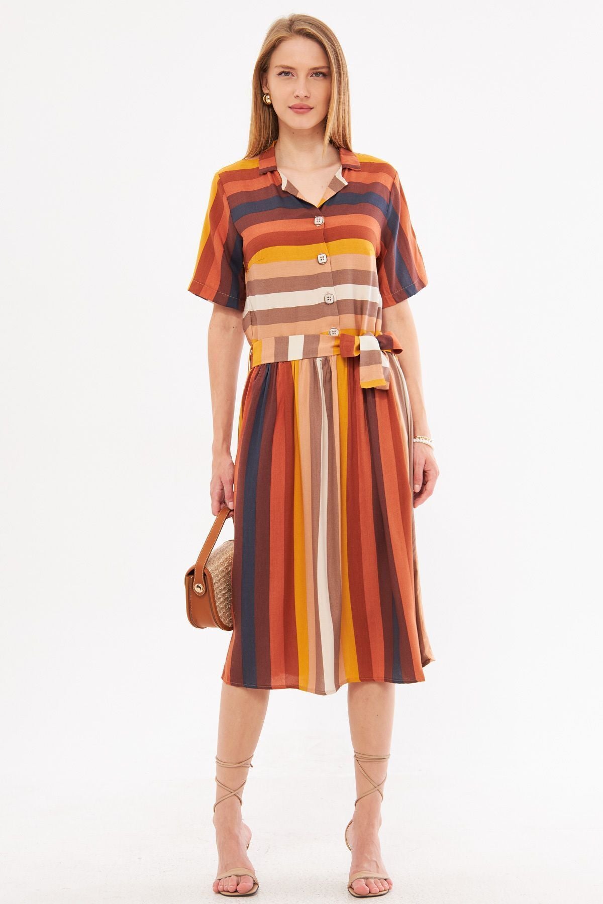 Female colorful front buttoned waist shirred belt midi size dress ARM-24Y001068