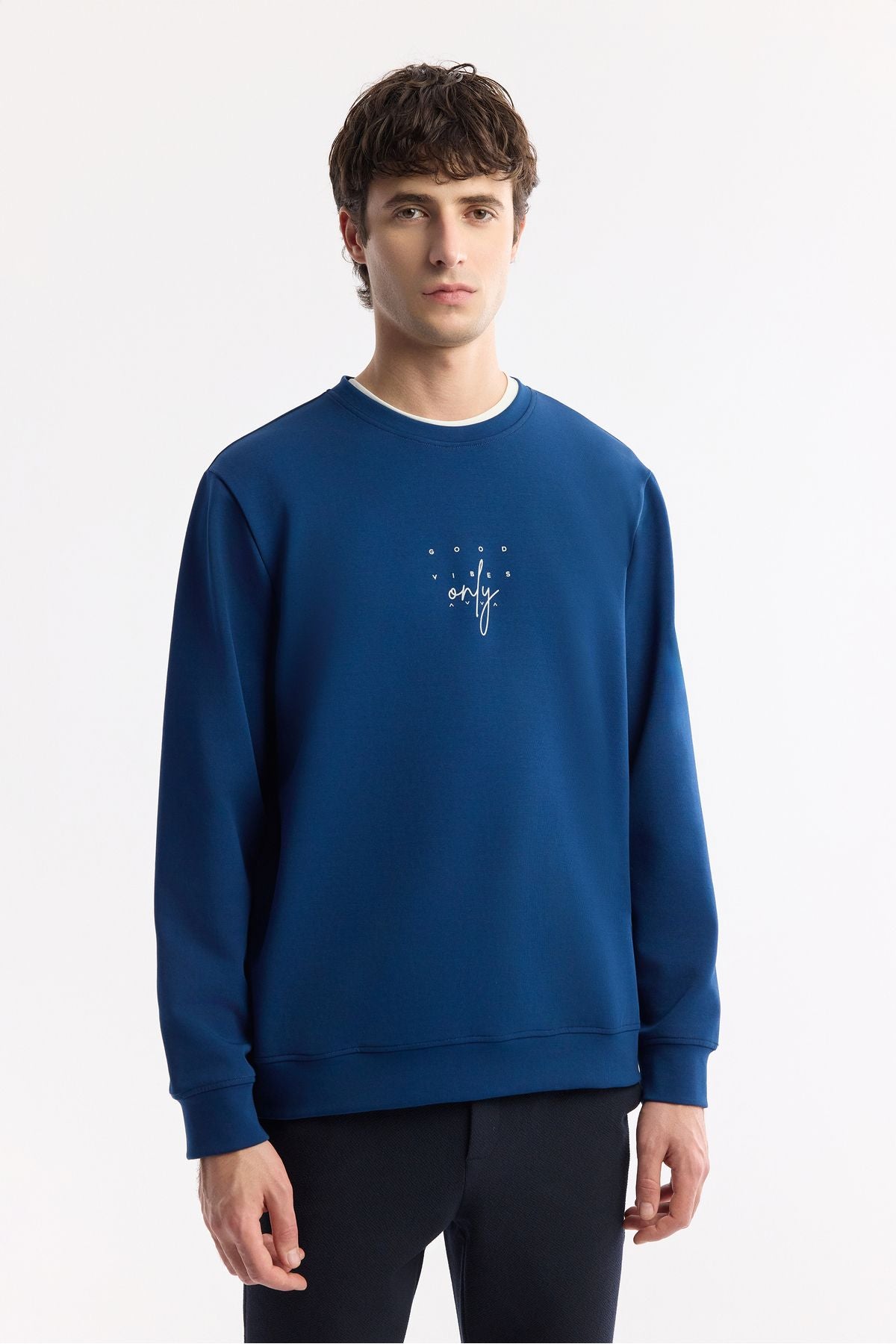 Men's navy blue bike collar printed interlok sweatshirt A51y1235