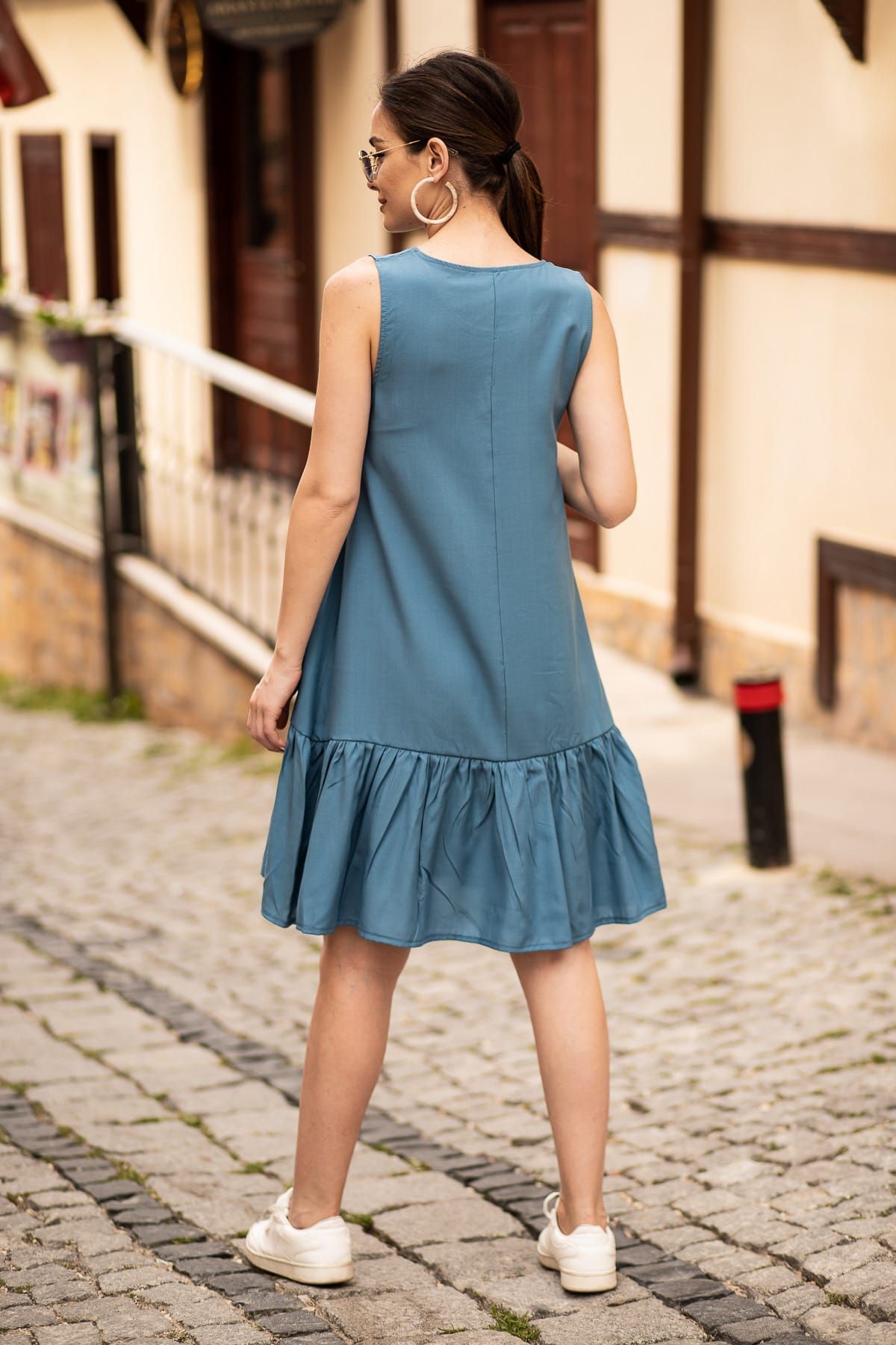 Woman Indigo Sleeveless Skirt Ruffled Dress Arm-18y001156
