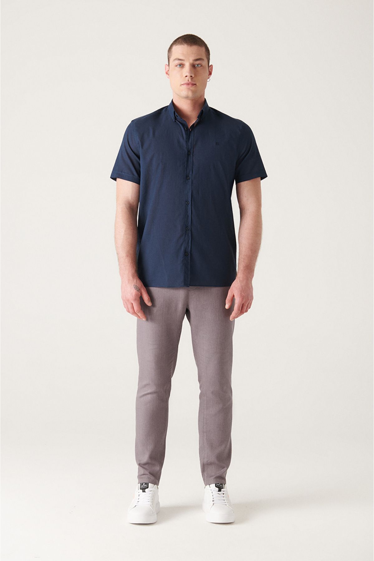 Men's Navy Blue Button Neck 100 %Cotton Futter Short Sleeve Shirt E002210