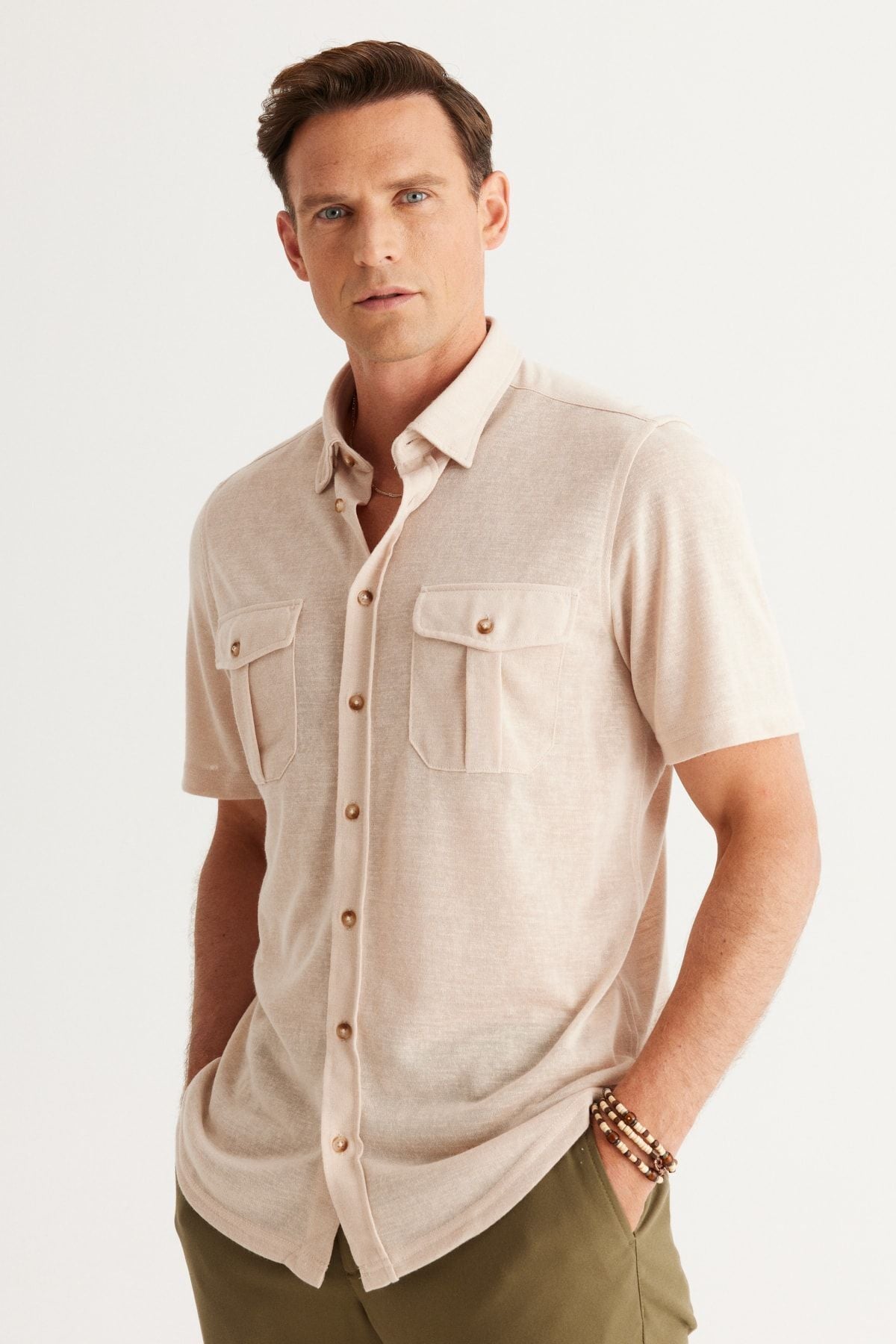 Men's Beige Slim Fit Narrow Cut Hidden button shirt with short sleeve pockets