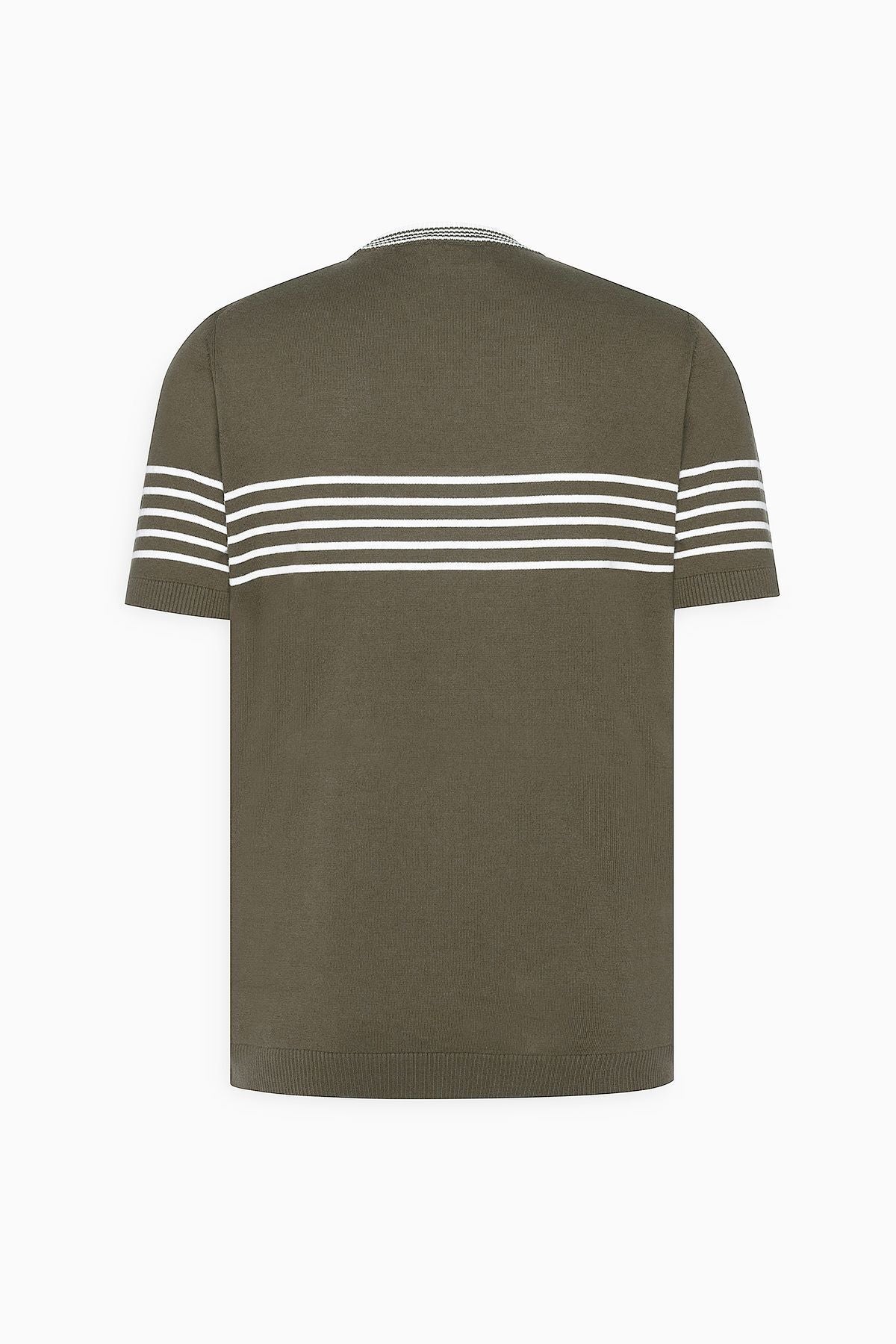 Men's Khaki-White Standard Fit Normal Cutting 100 %Cotton Striped Bicycle Yaka Triko T-shirt