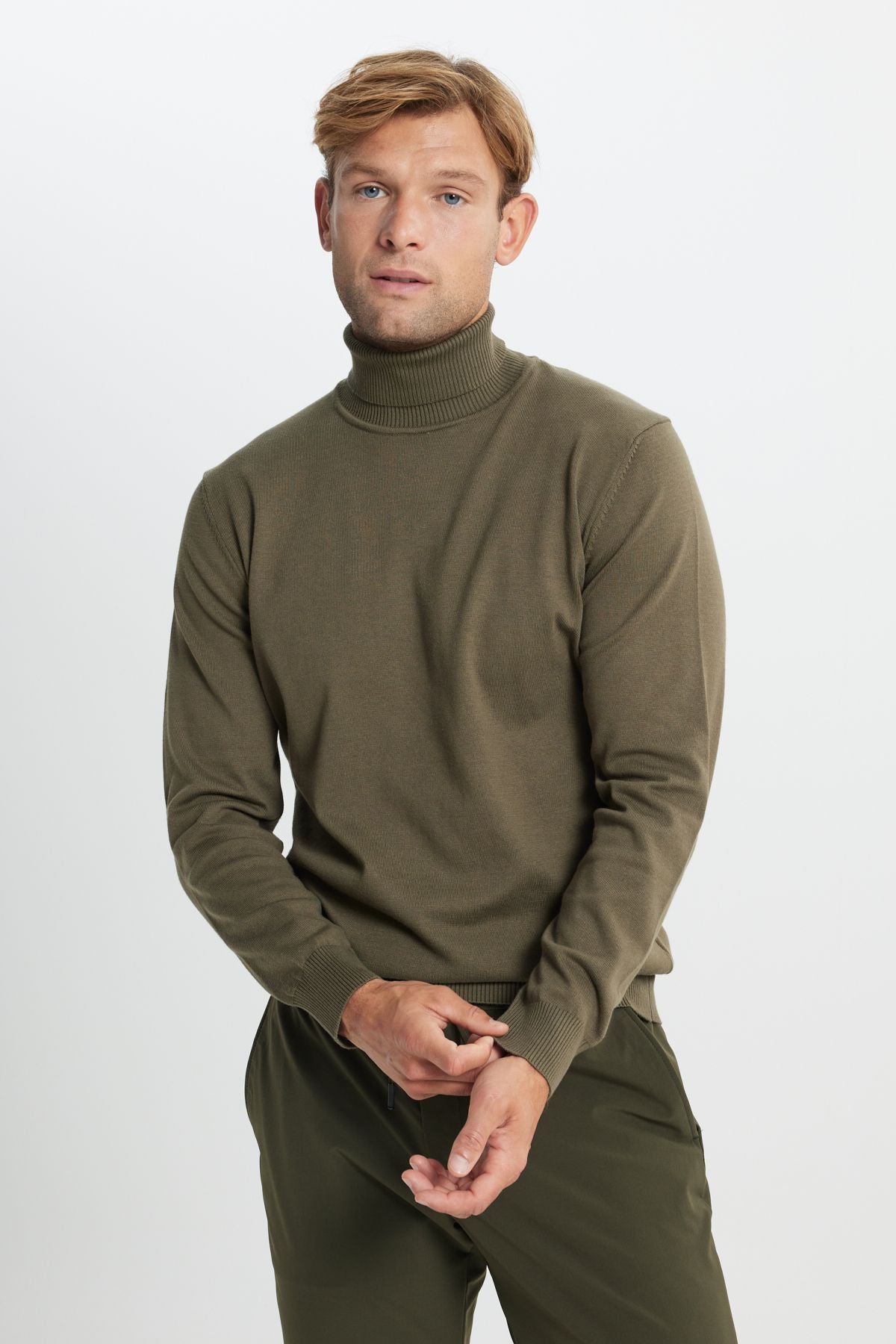 Men's Khaki Cotton Standard Fit Normal Cut Full Fisherman Neck Basic Knitwear Sweater