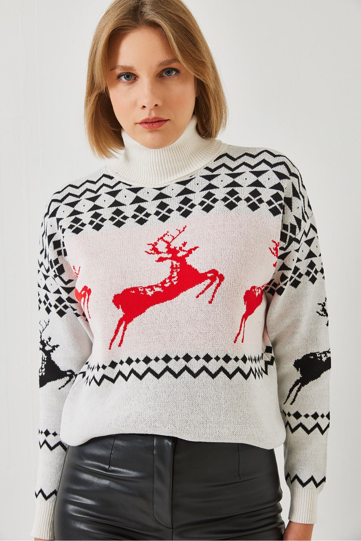 Female Fisherman Neck Deer Patterned Knitwear Kazakh 20246224