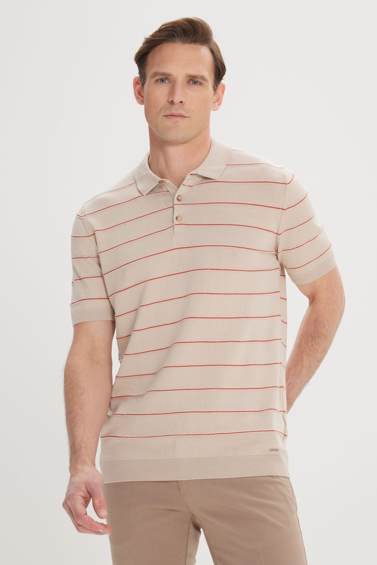 Men's Sizon-Orange Standard Fit Normal Cut 100 %Cotton striped Polo Yaka knitwear T-shirt