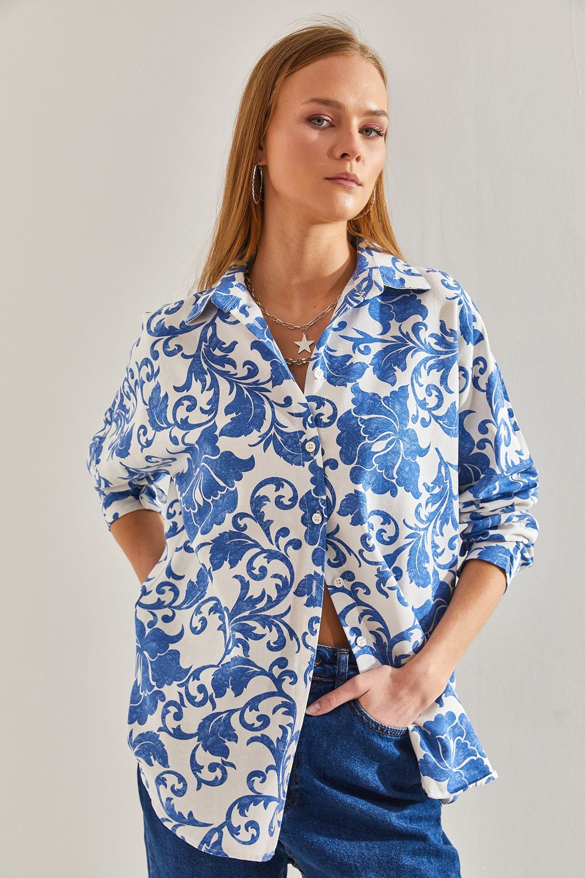 Women Patterned Shabby Linen Shirt 60101020