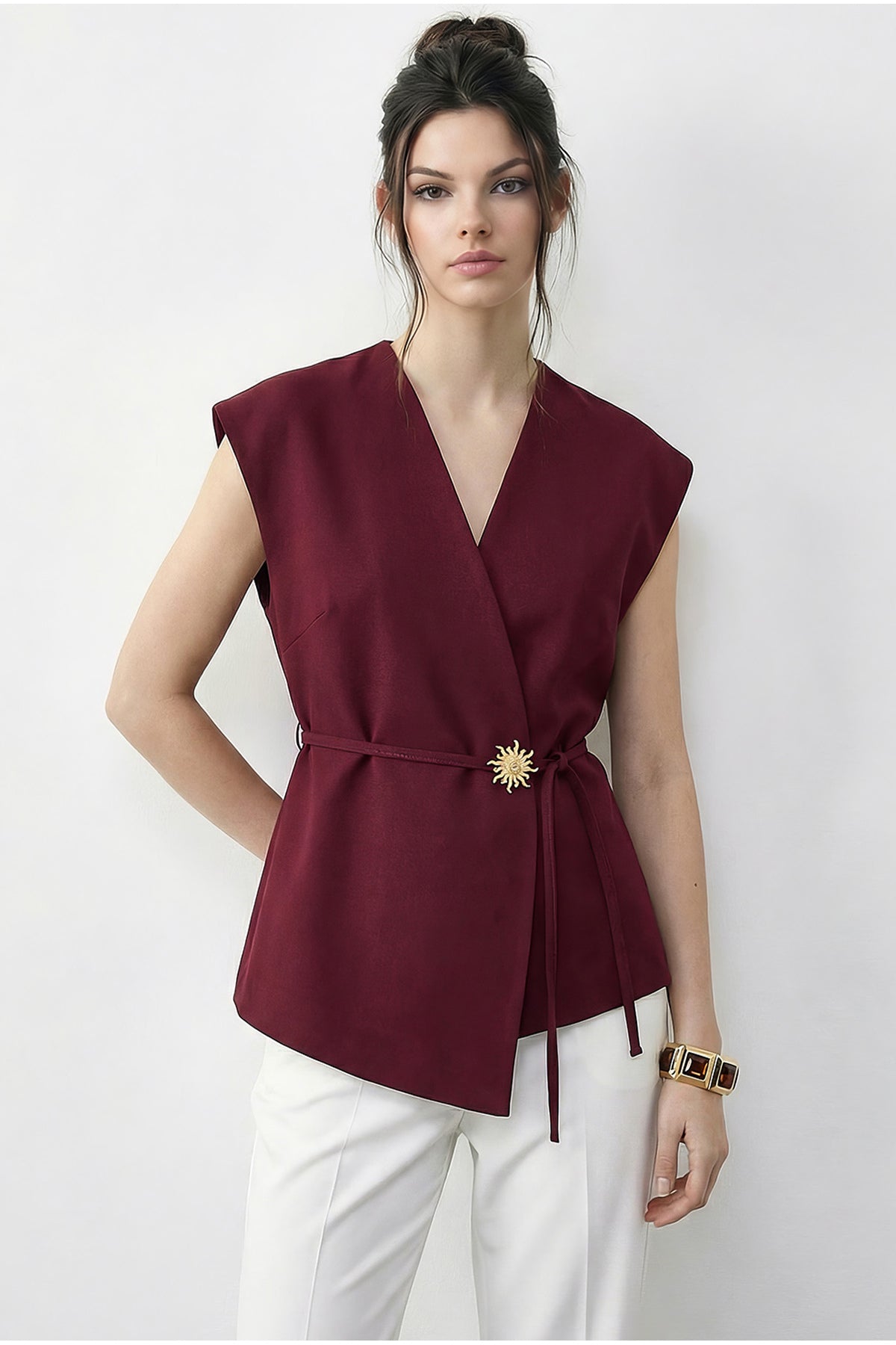 Women's Stylish Buttoned Belted Woven Vest 11145 60283987