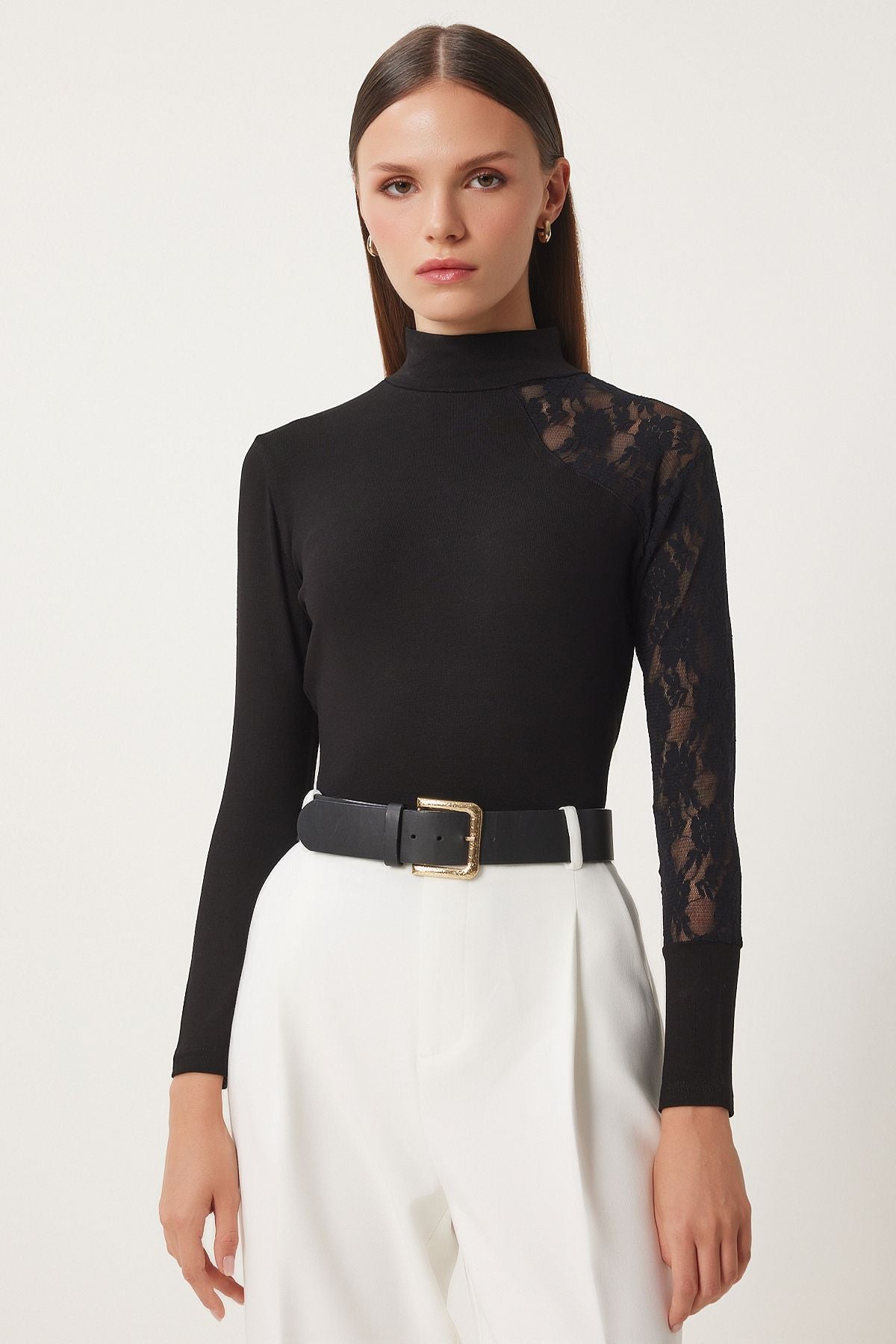 Female black fisherman collar lace wick knitted blouse EN00627