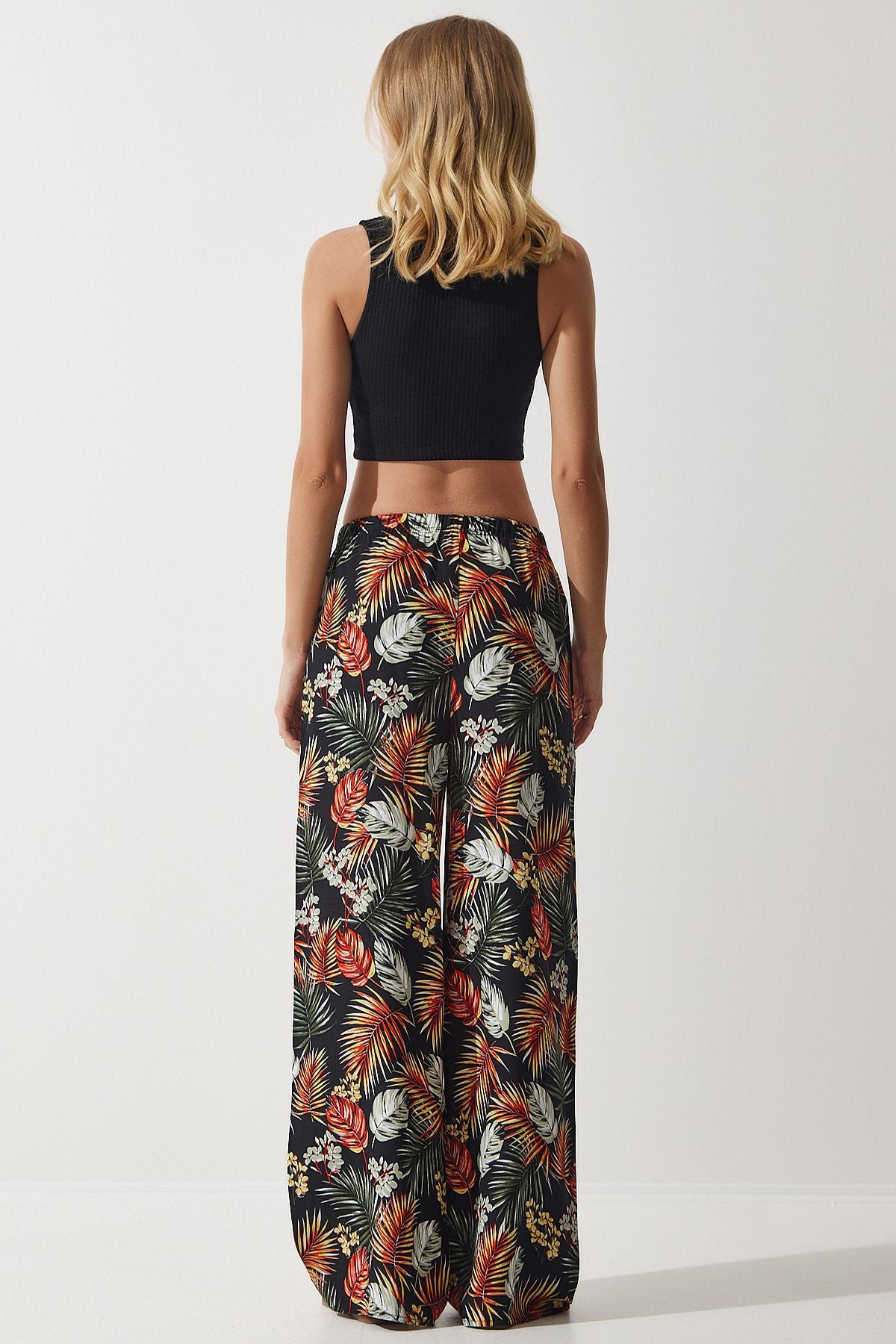 Female Black Tile Patterned Viscose Palazzo Pants EN00606