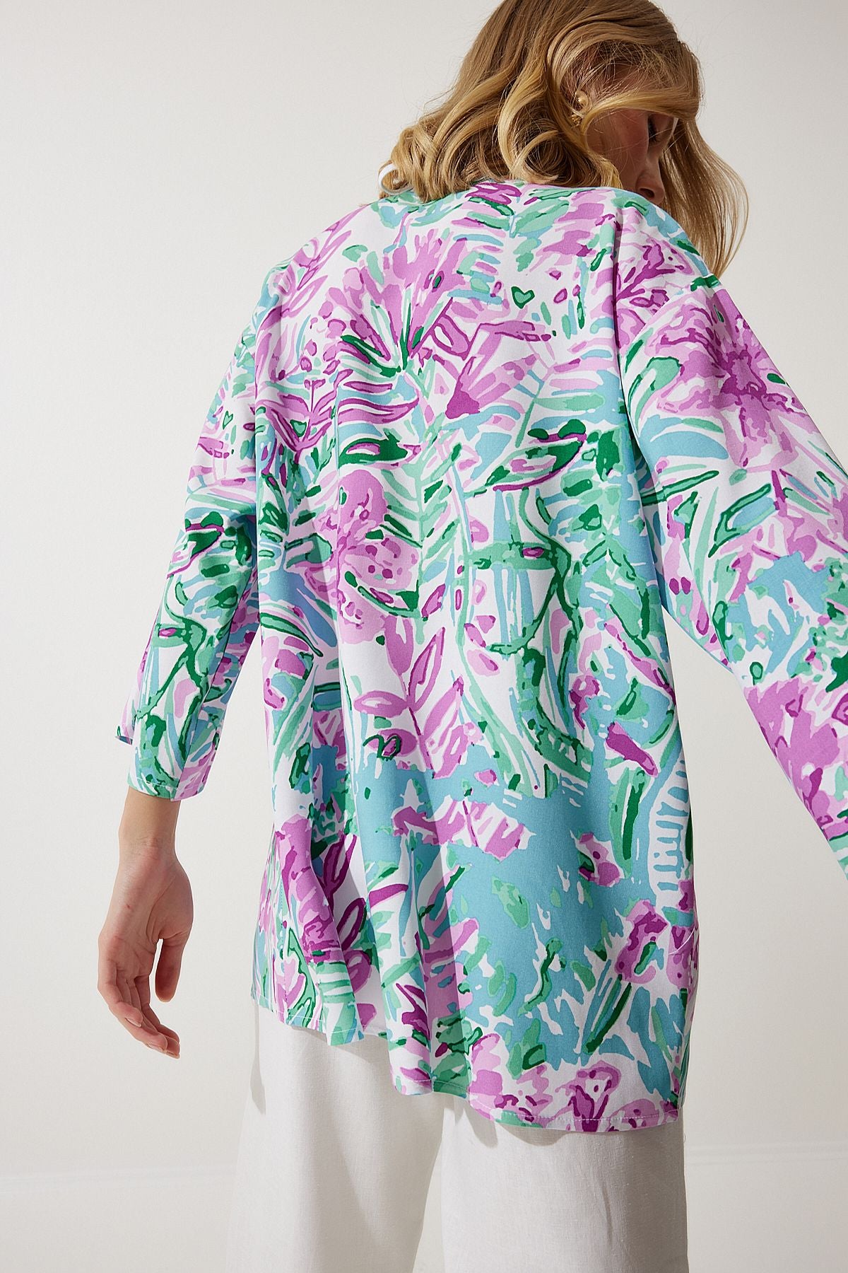 Female Cagla Green Pink Patterned Viscose Kimono EN00615