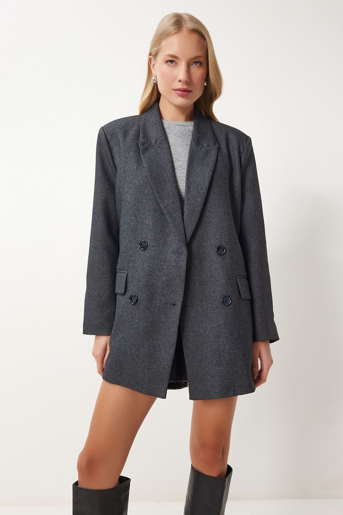 Female anthracite Cruve collar weaving jacket FN03384