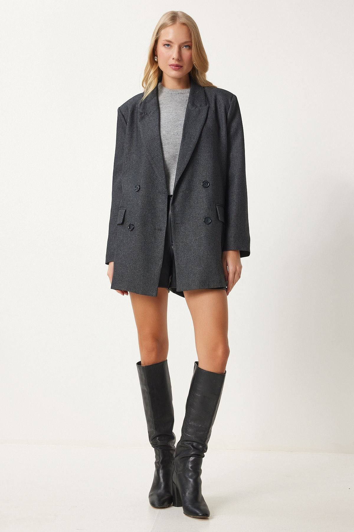 Female anthracite Cruve collar weaving jacket FN03384