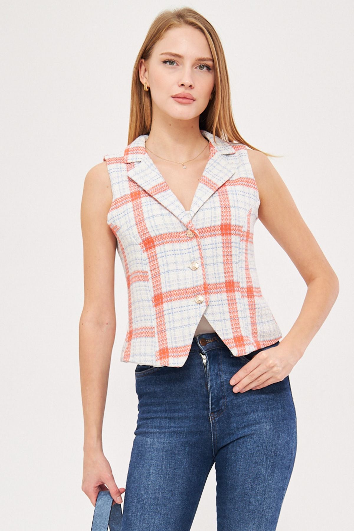 Female Orange-Blue Men's Collar Sitting on the Body Primary Vest ARM-25K001032