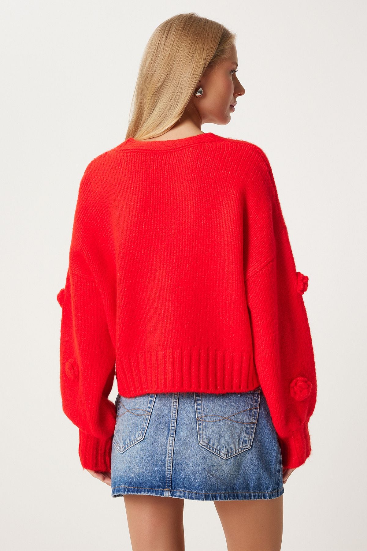 Woman Red Pompom Flower Detail Triko Cardigan PF00078