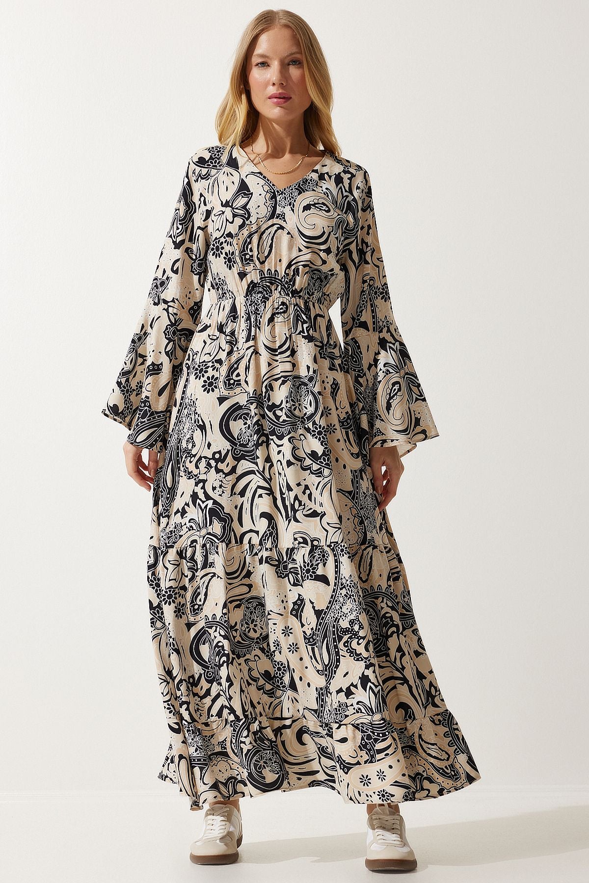 Female Beige Patterned Summer Viscose Dress DD01303