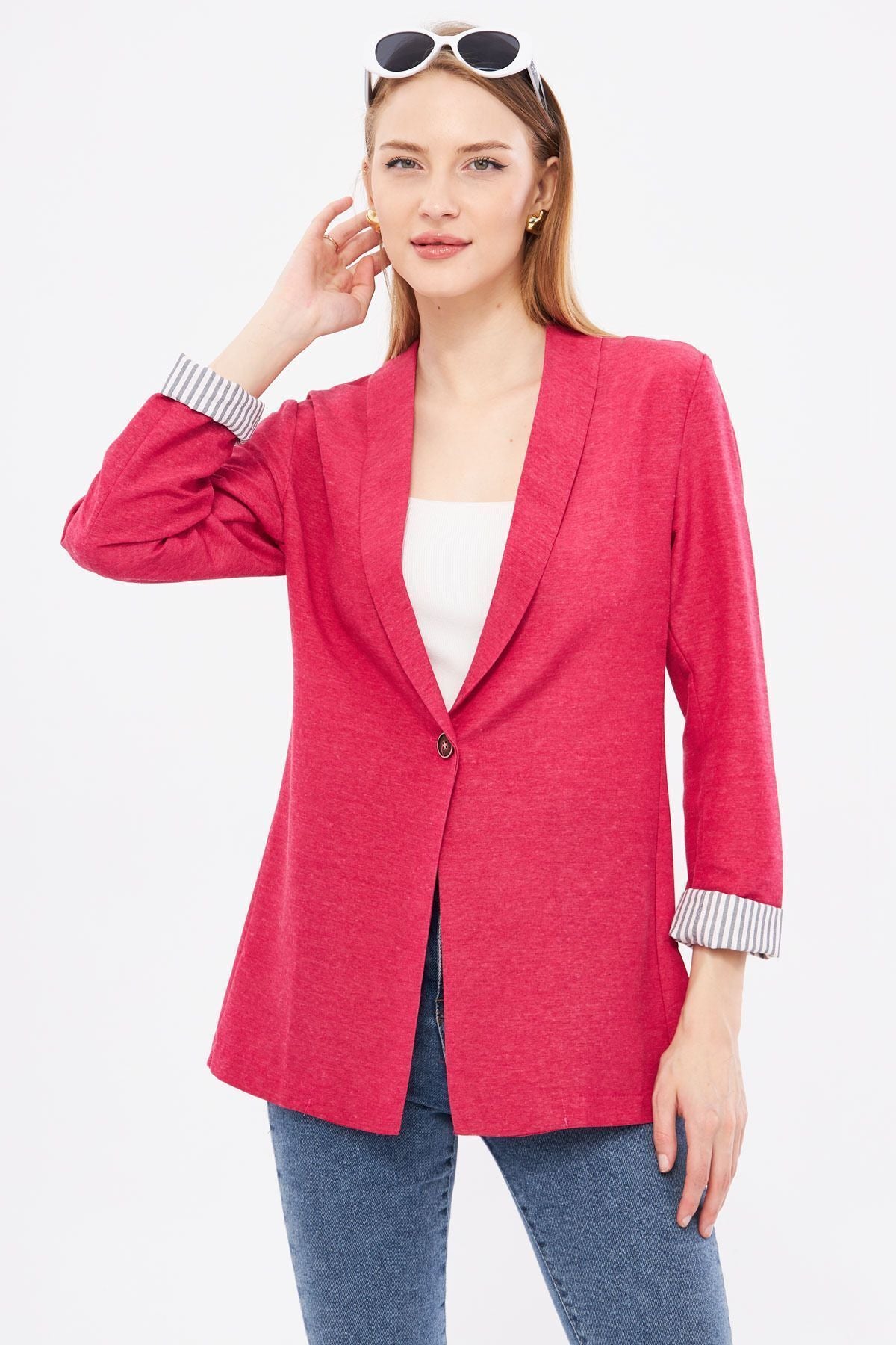 Woman Dark Fuchsia Sleeve Striped Single button Jacket ARM-22K001122