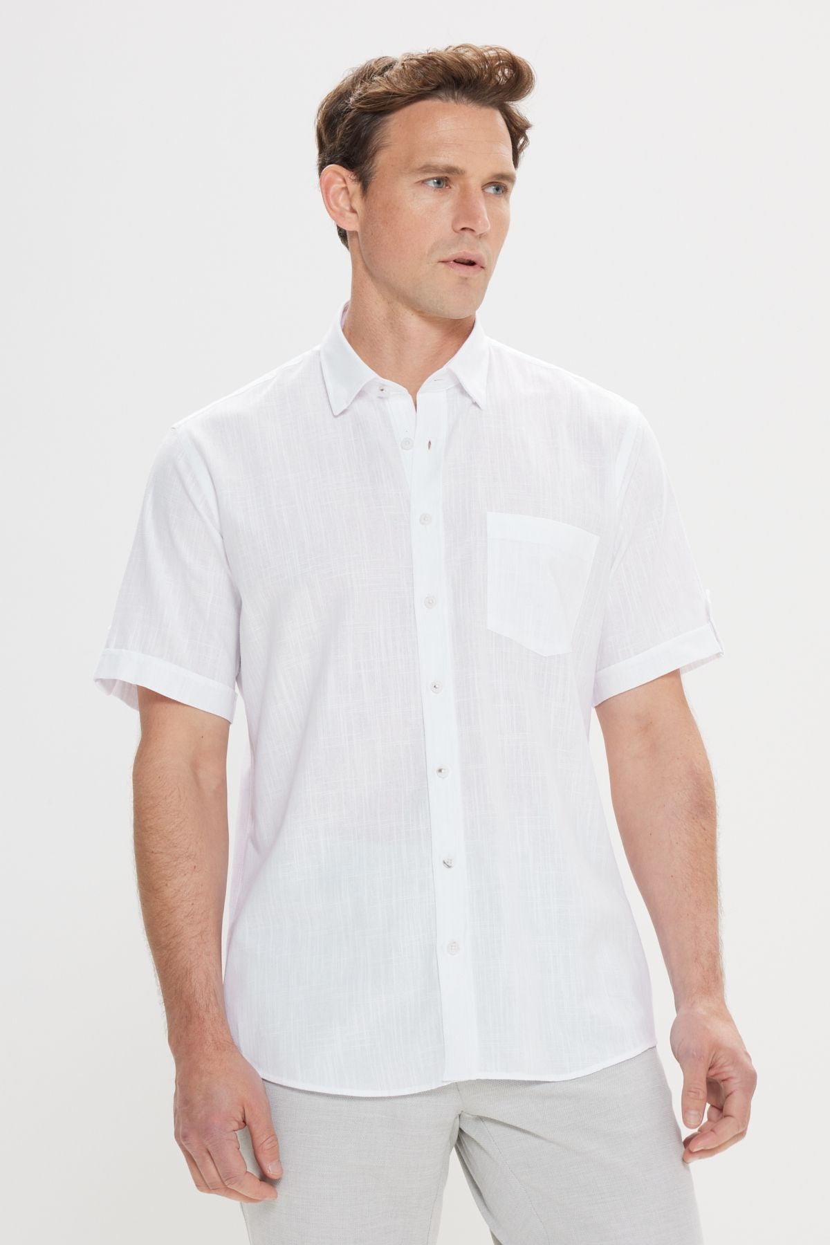 Men's White Comfort Fit Casual Cutting Buttoned Neck Linen Look 100 %Cotton Short Sleeve Shirt