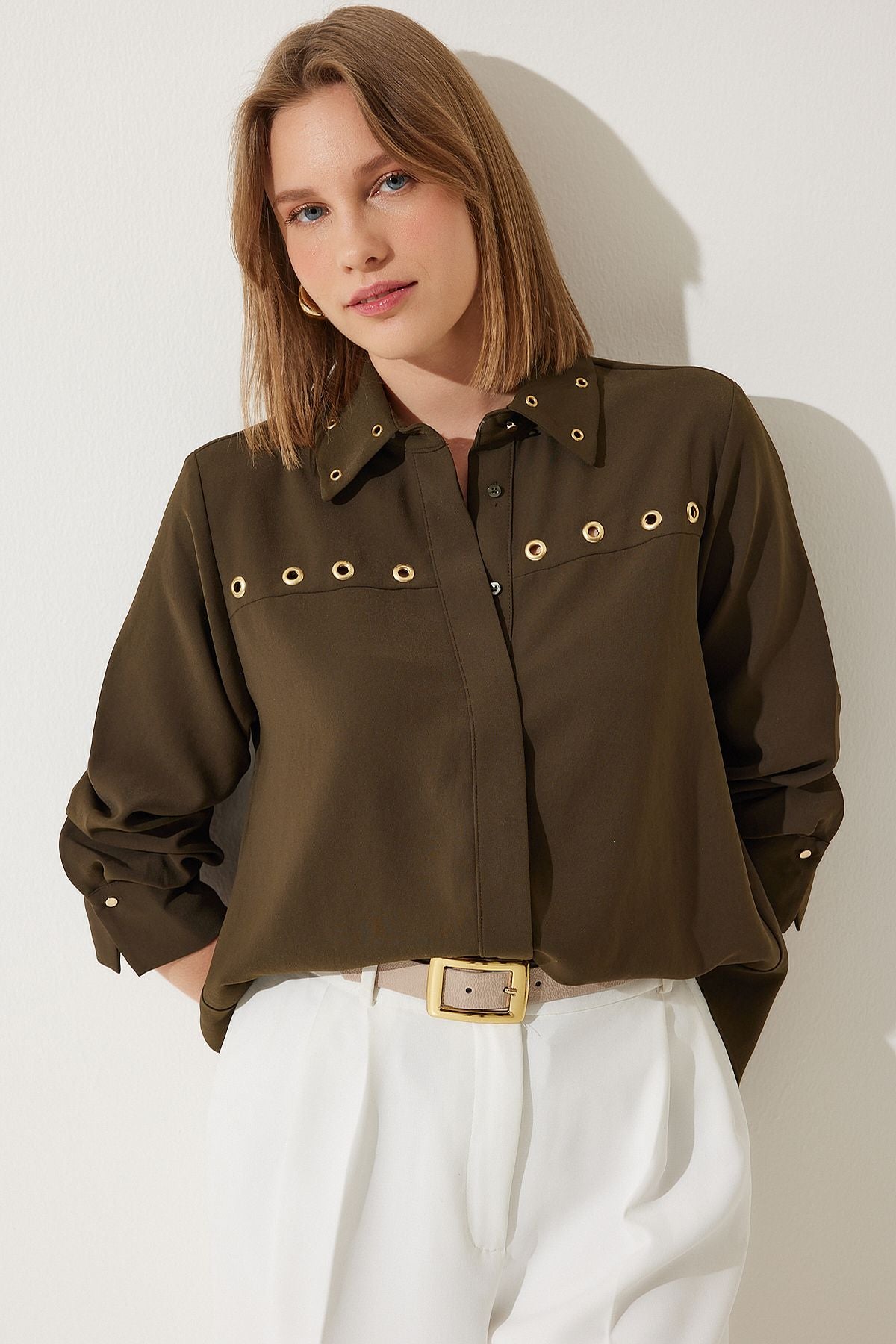 Woman Dark Khaki Bird Eye detailed weaving shirt HK00037