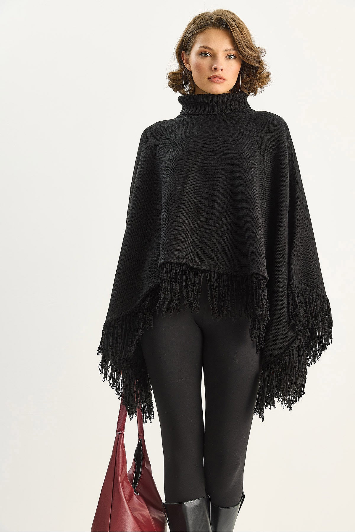 Women's Turtleneck Tasseled Knitwear Poncho TP251007 60283722