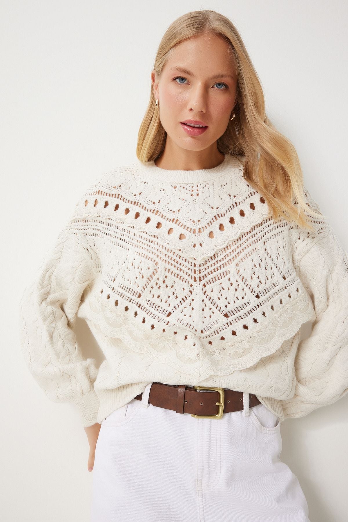 Women's Cream Lace Detail Offer Knitwear Kazakh KL00005