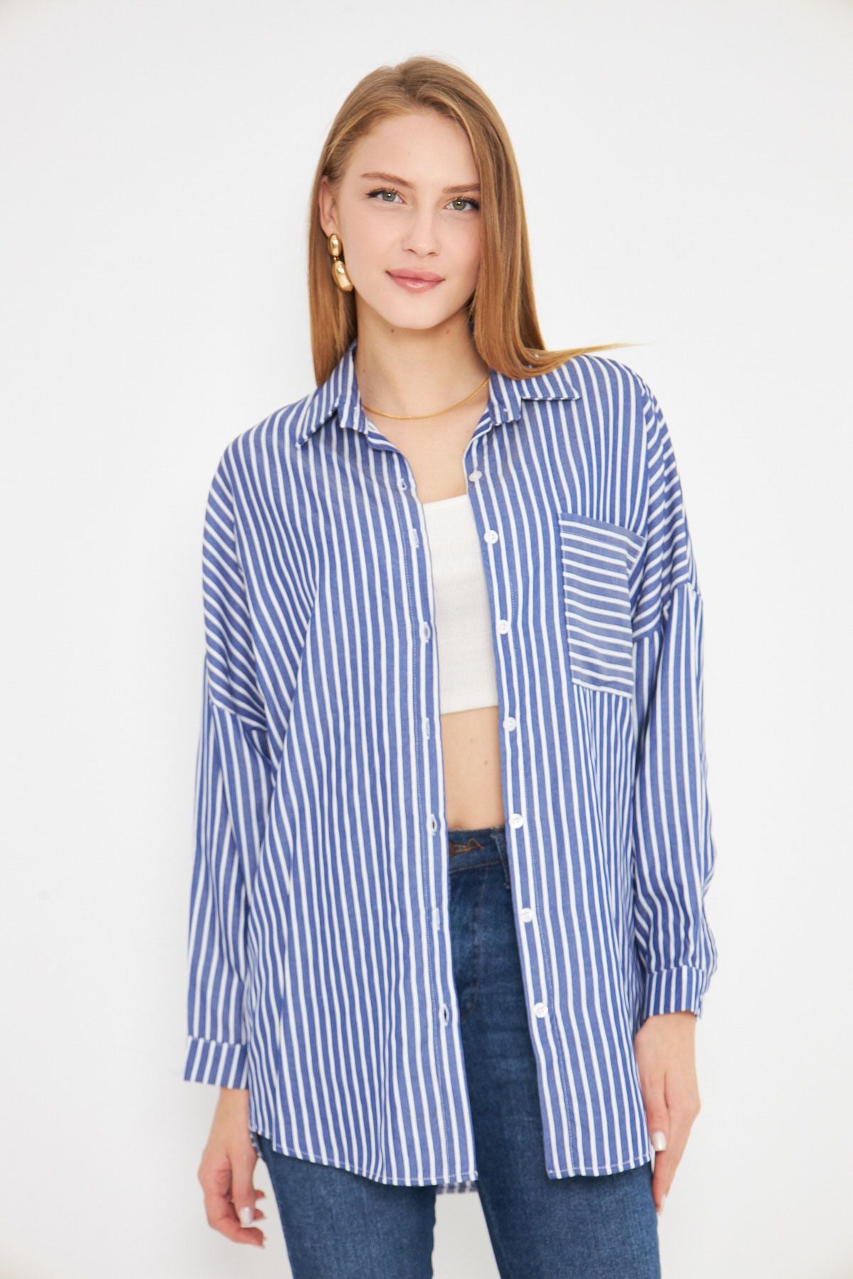 Women's Blue Striped Long Sleeve Pocket Detailed Ristle Pleeled Oversize Shirt ARM-25K001069