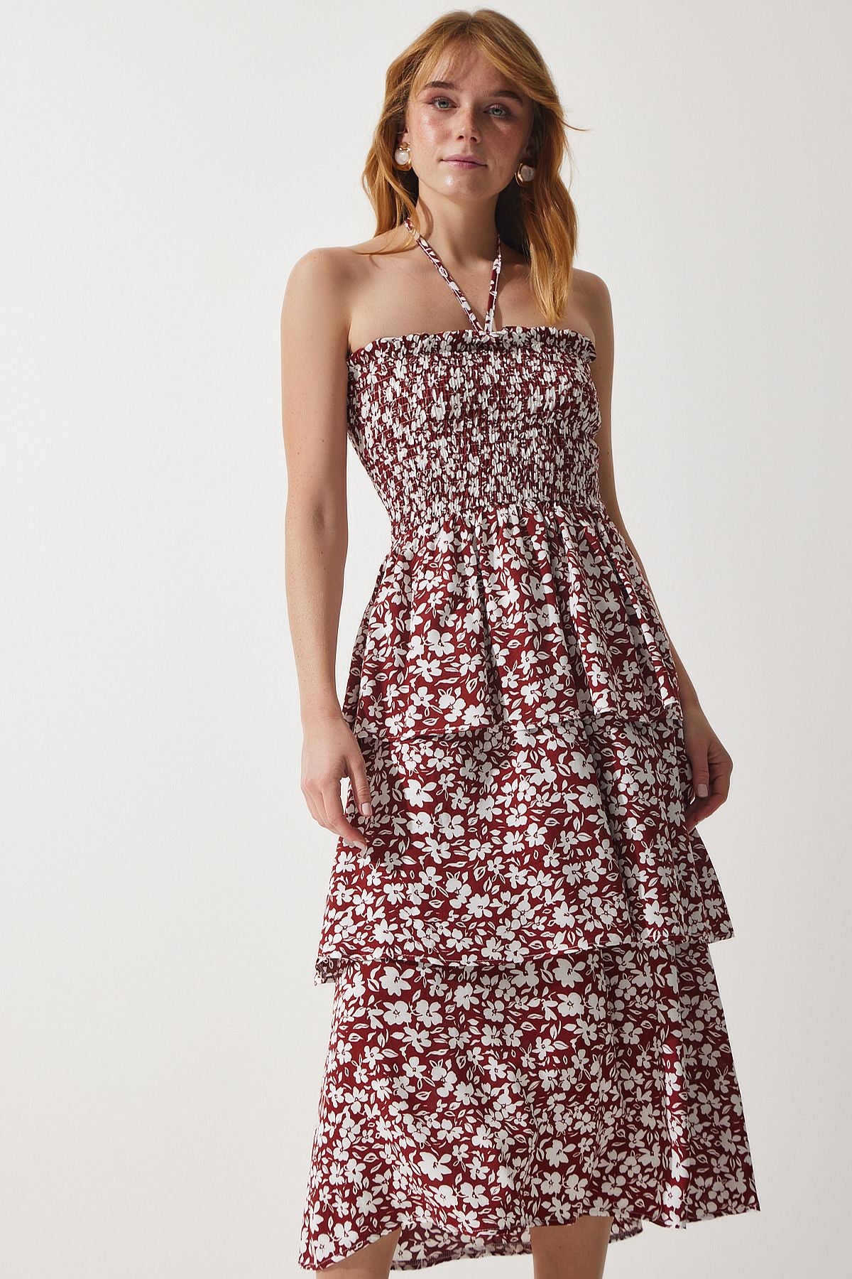Female Brown Flower Volan summer viscose dress ub00226