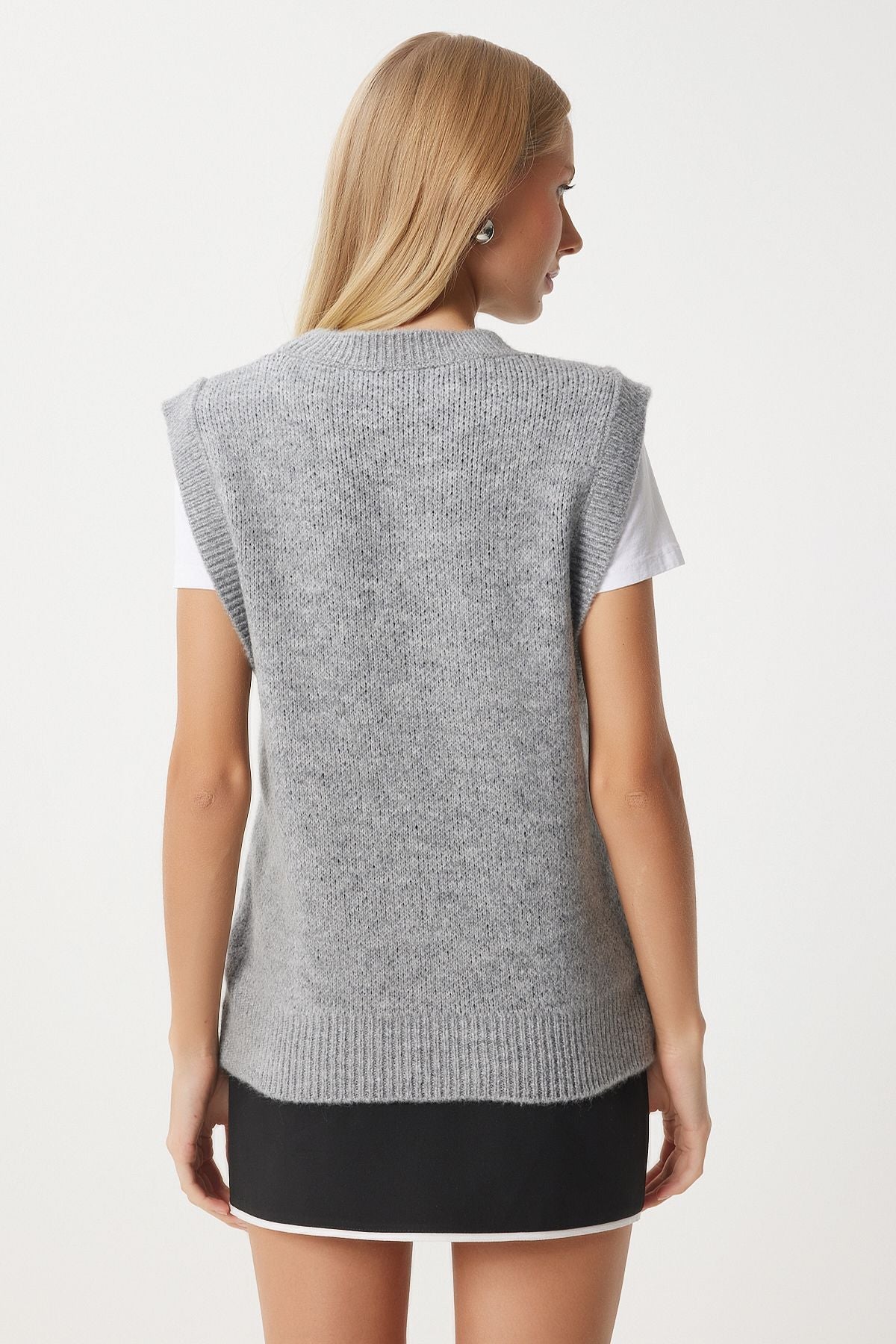 Women's Gray Baklava Patterned Triko Süveter AN00211