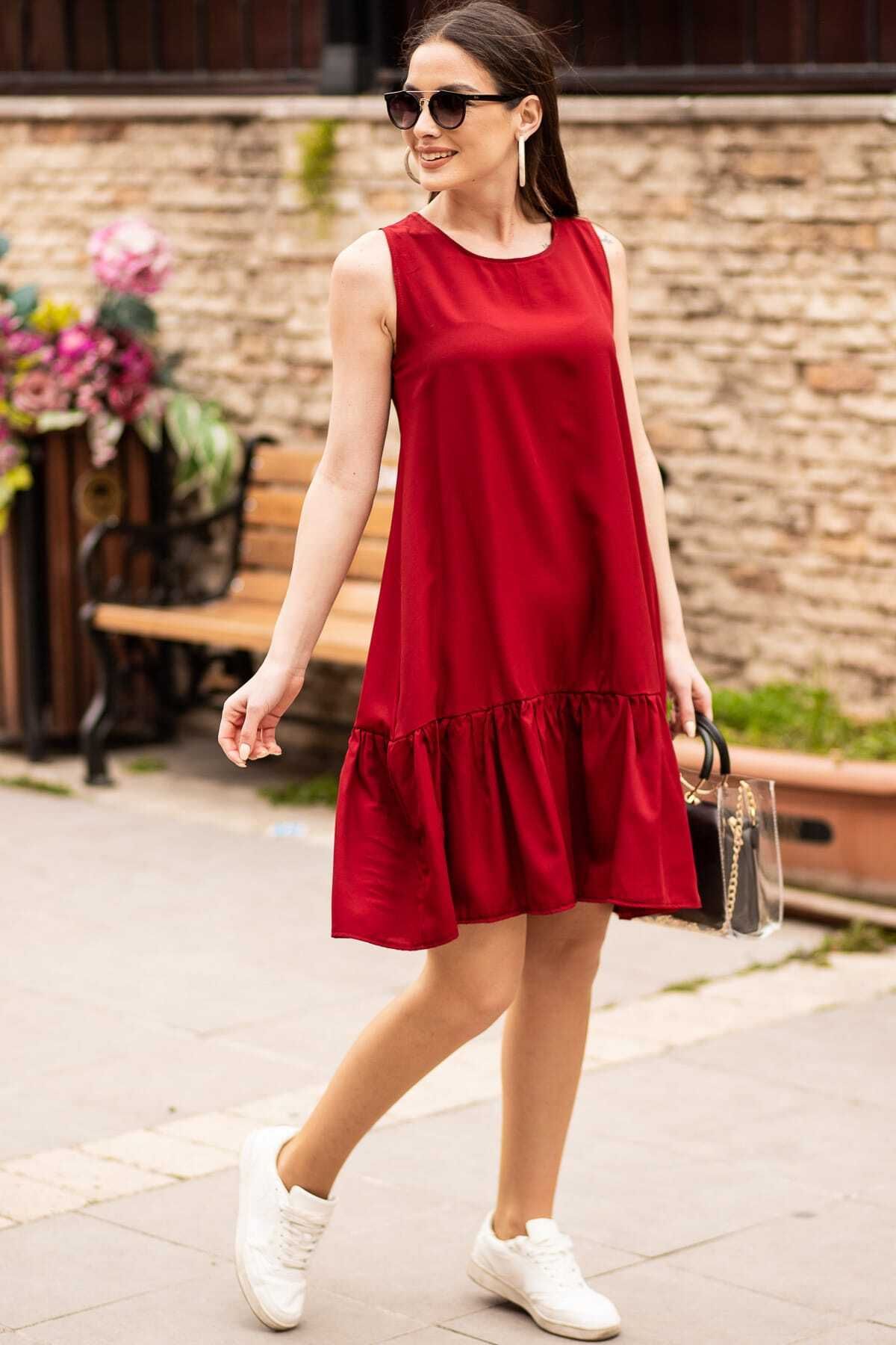 Female Bordeaux Sleeveless Skirt Ruffle Dress Arm-18y001156
