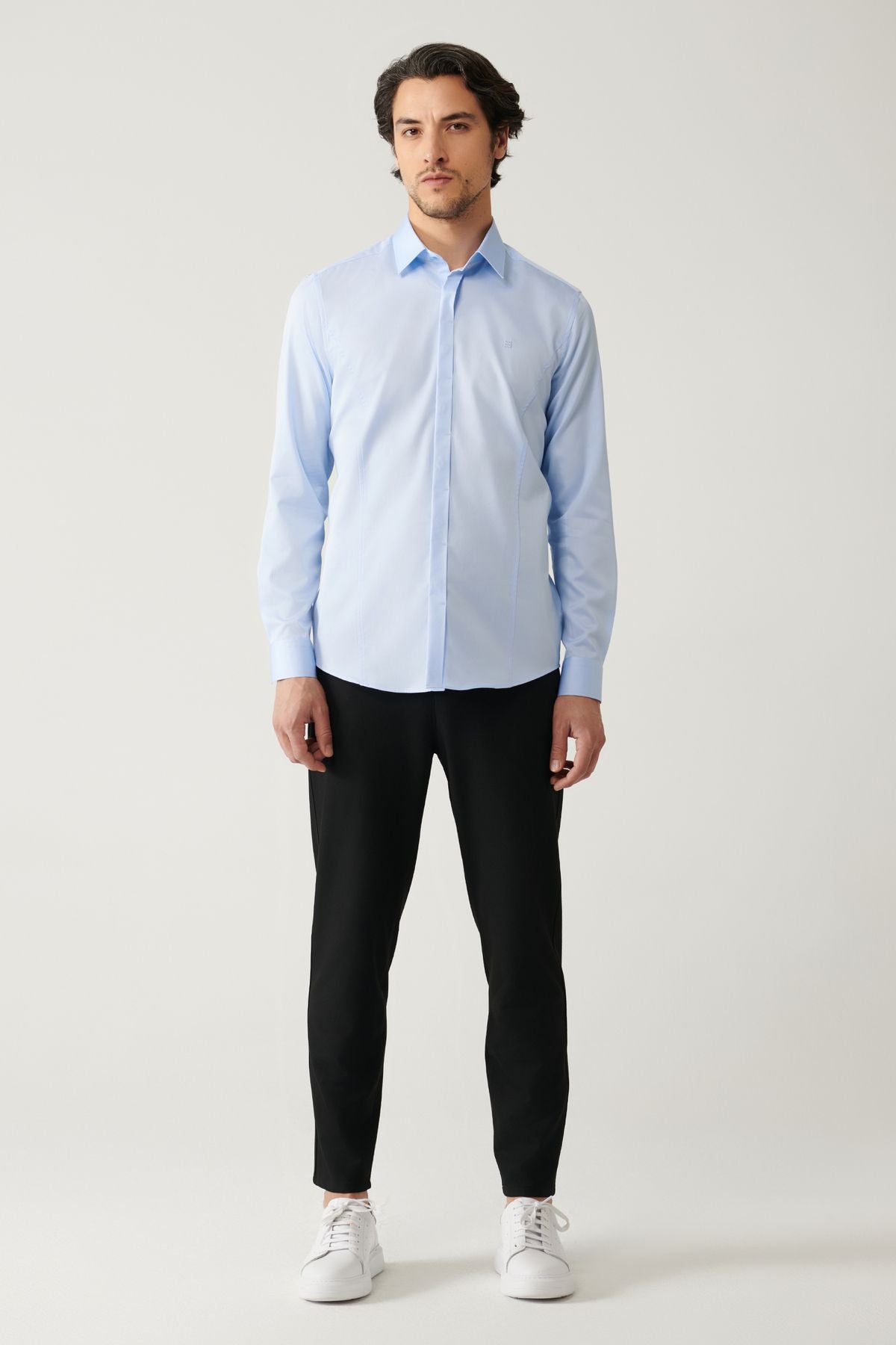 Men's blue 100 %cotton classic collar satin shirt B002002