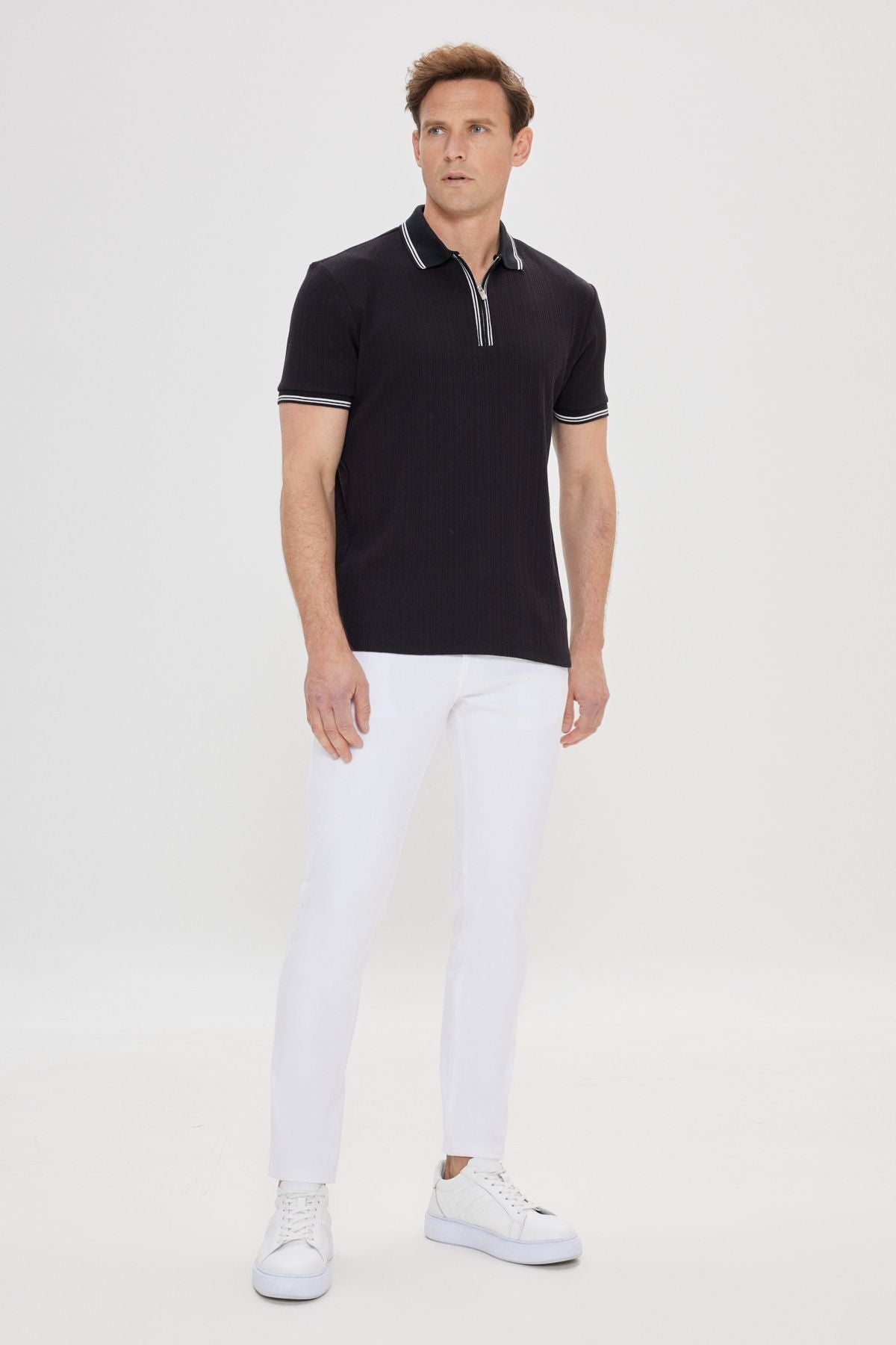 Men's Black Standard Fit Normal Cutter Cotton striped Polo Yaka T -shirt