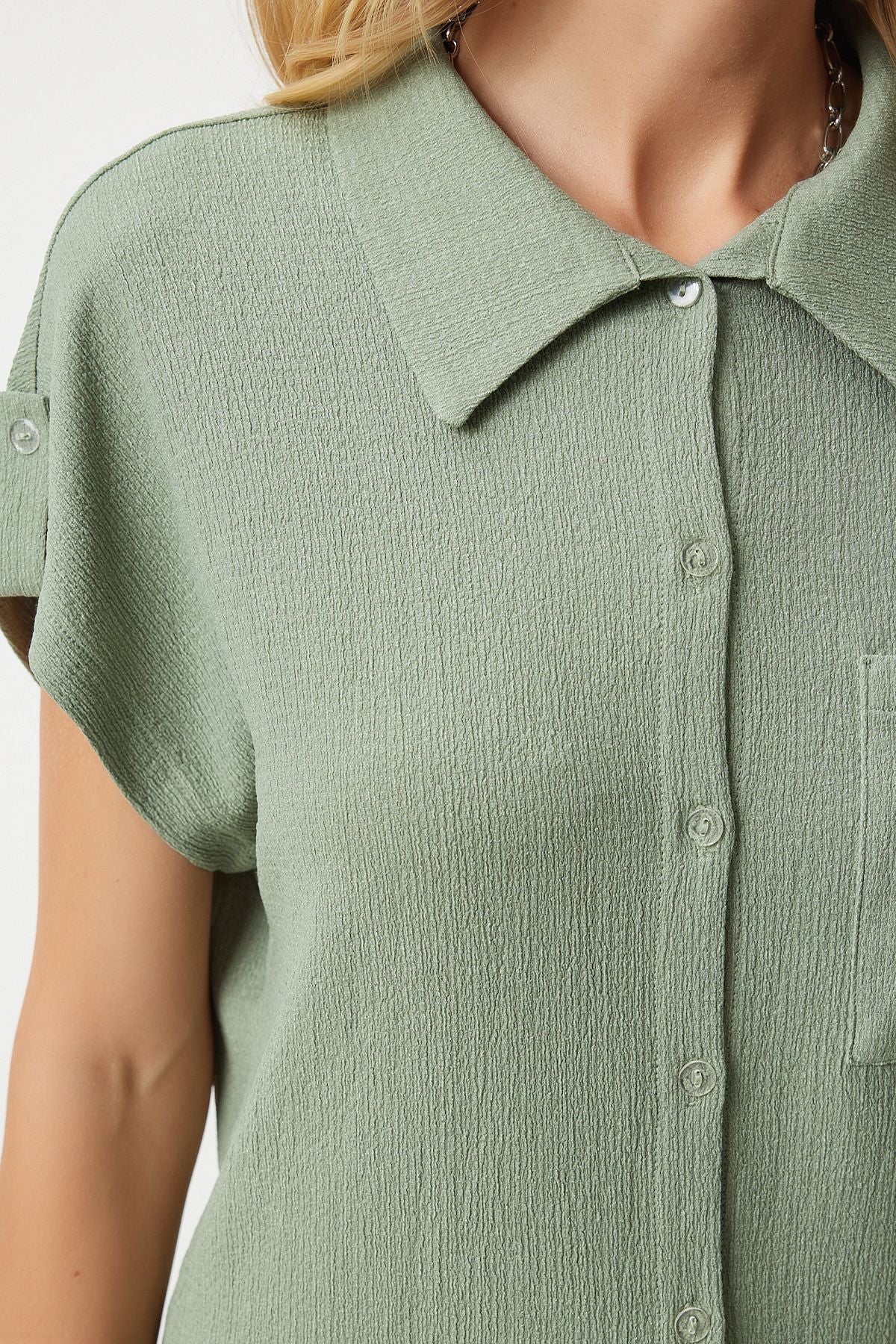 Women's Cagla Green Pocket Casual Knitting Shirt DD01325