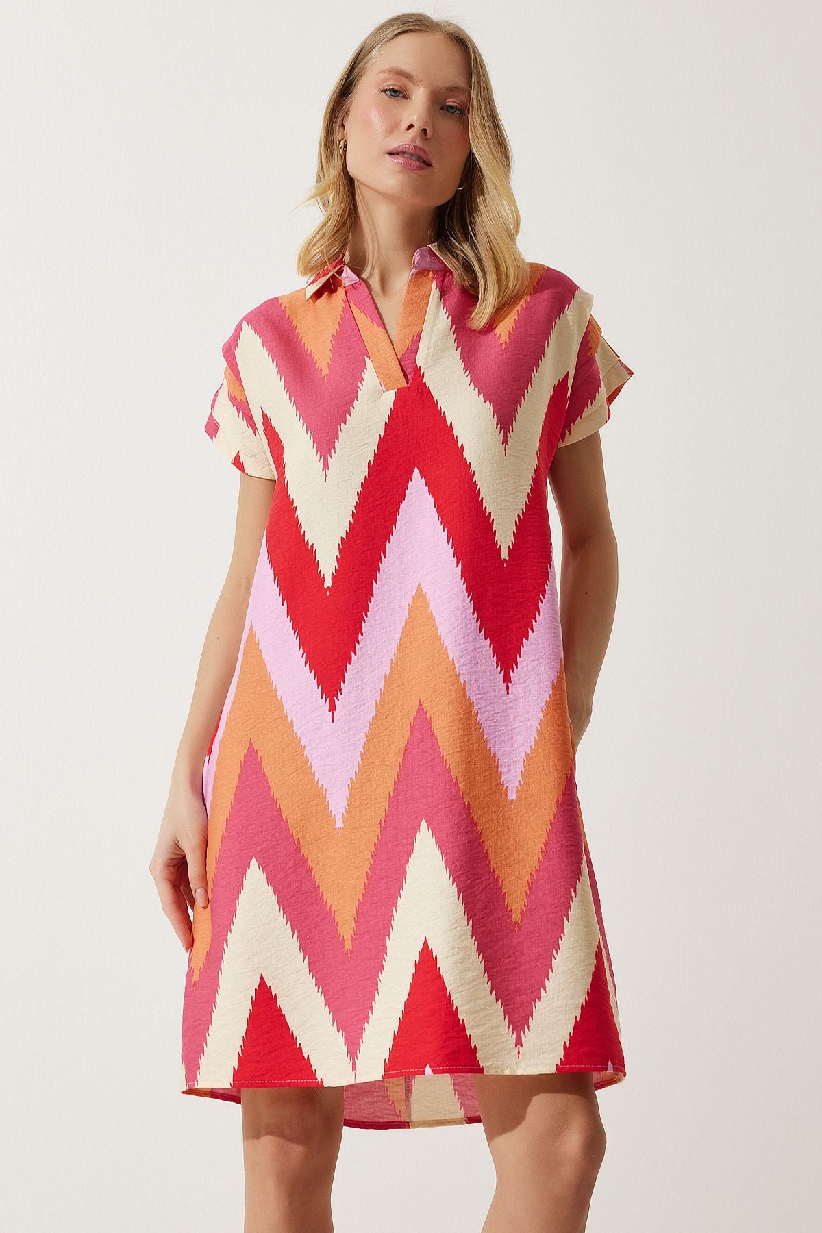 Woman Red Cream Polo Yaka Patterned Summer Dress of00001