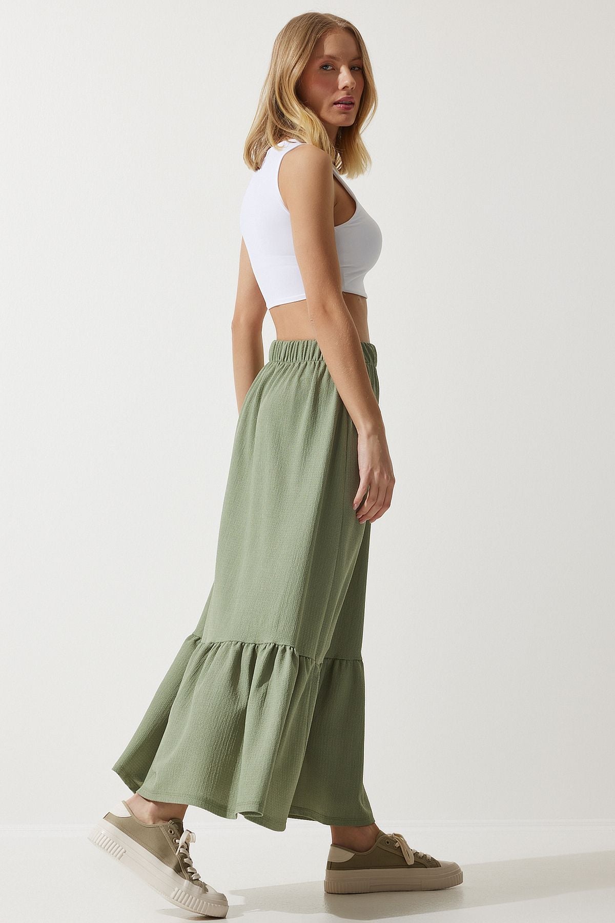 Women's Cagla Green Flased Summer Midi Skirt DD01231