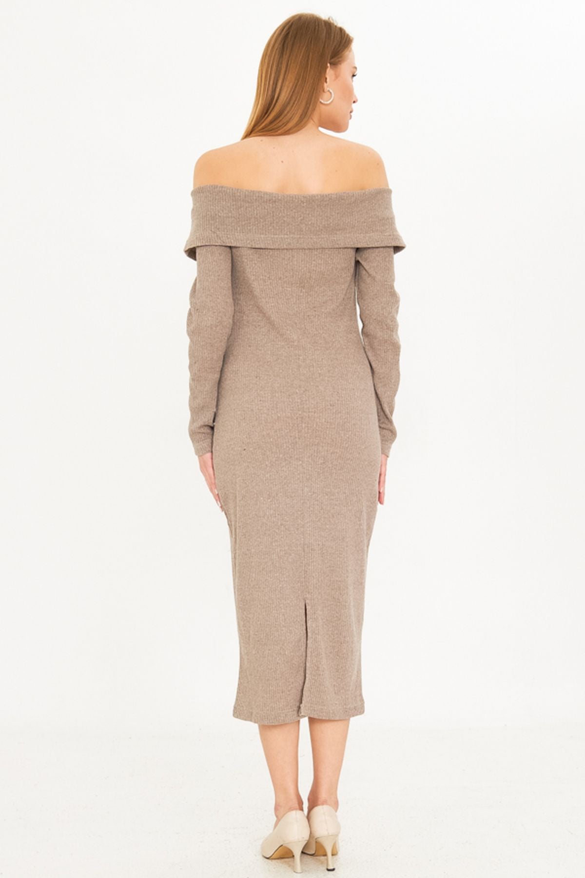 Female mink low shoulder front zipper slit midi height knitwear dress ARM-25K001089