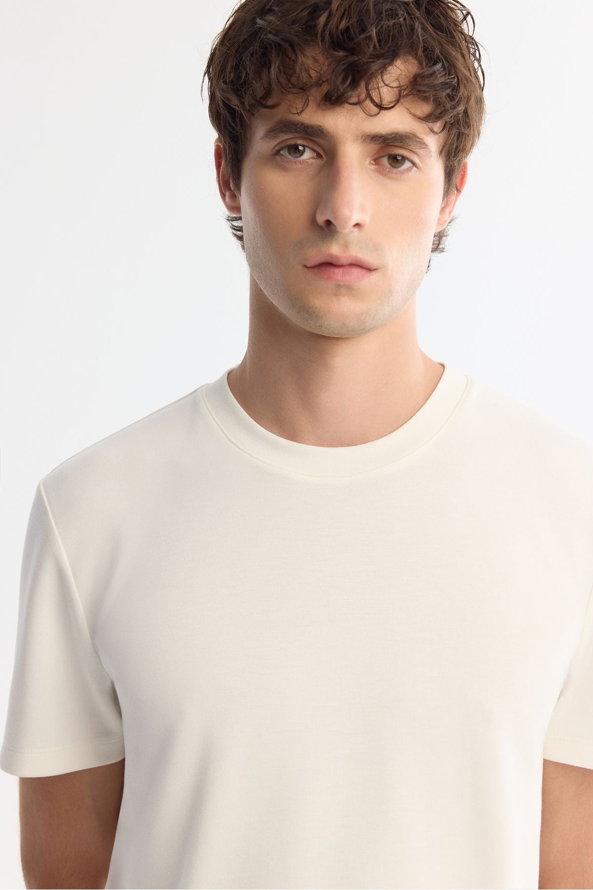 Men's Ecru Bicycle Collar Printed Elastan T-Shirt A42y1017