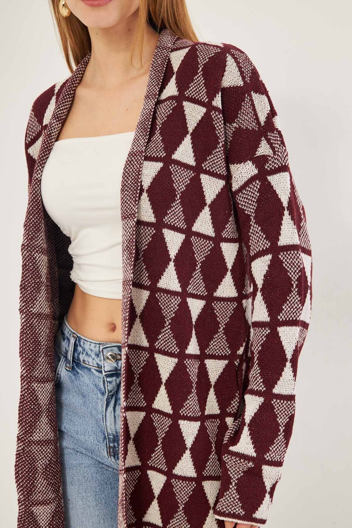 Women Bordeaux Long Patterned Triko Cardigan ARM-25K012005